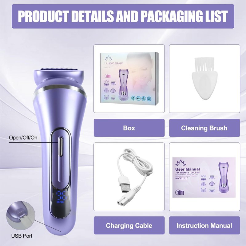 3.0 Women Face Epilator, 7-in-1 Rechargeable Facial Hair Remover with LED Battery Display, Facial Shaver for Face, Eyebrow, Nose Trimmer (Purple)