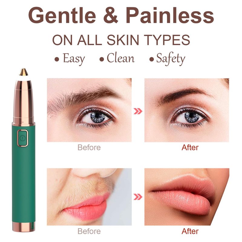 Eyebrow Trimmer for Women - Electric Eye Brow Razor with LED Light Painless & Easy Clean for Eyebrows Face Nose Ear Hair Chin Lips Peach Fuzz Bikini Lines & Other Detailing - Battery Operated (Green)