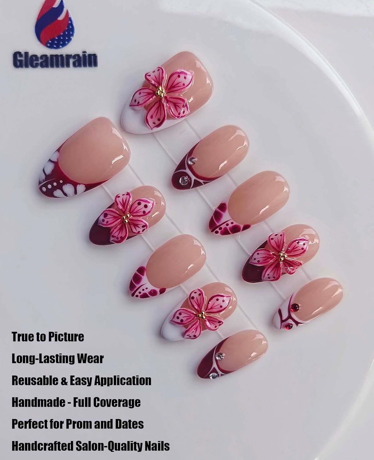 Luxury Handmade Almond Shape Press-On Nails | French Tip & 3D Flower Design - Nude Base, 10pcs for Spring & Daily Use