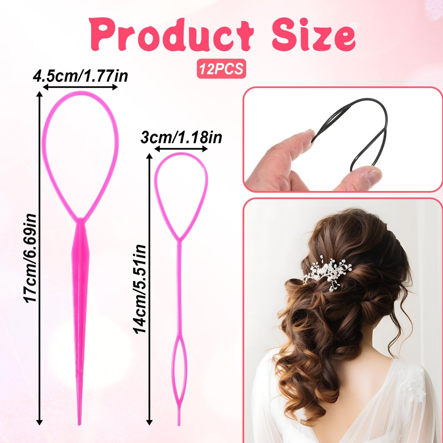 12 PCS Hair Pull Through Tool Topsy Tail Hair Loop Tool Hairs Styling Accessories, French Braid Loop in Large and Small for Women 6 Colors