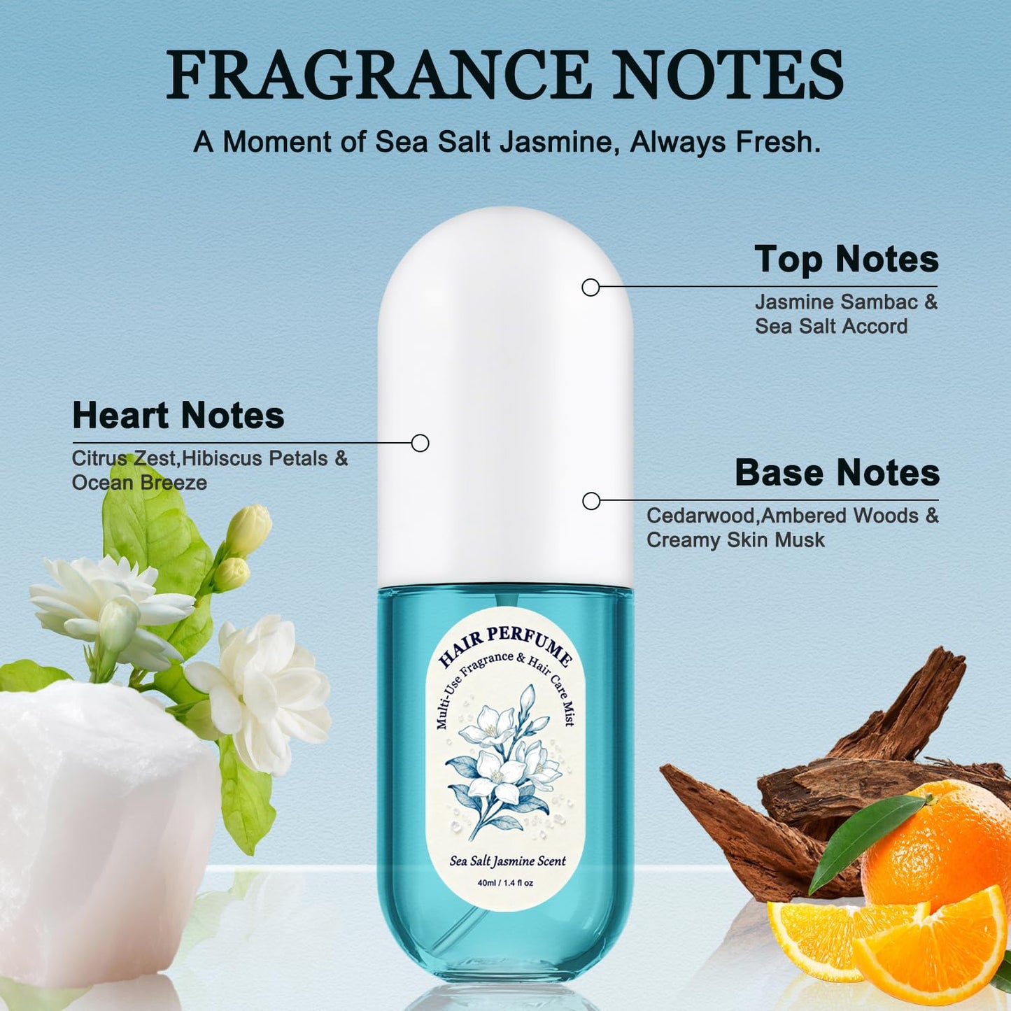 Hair & Body Perfume Mist for Women Long-Lasting - Sea Salt Jasmine Scent | Deodorizing, Portable Spray - Moisturizing & Hydrating Fragrance with Frizz Control & Shine Enhancement, Alcohol-Free, 1.4 oz