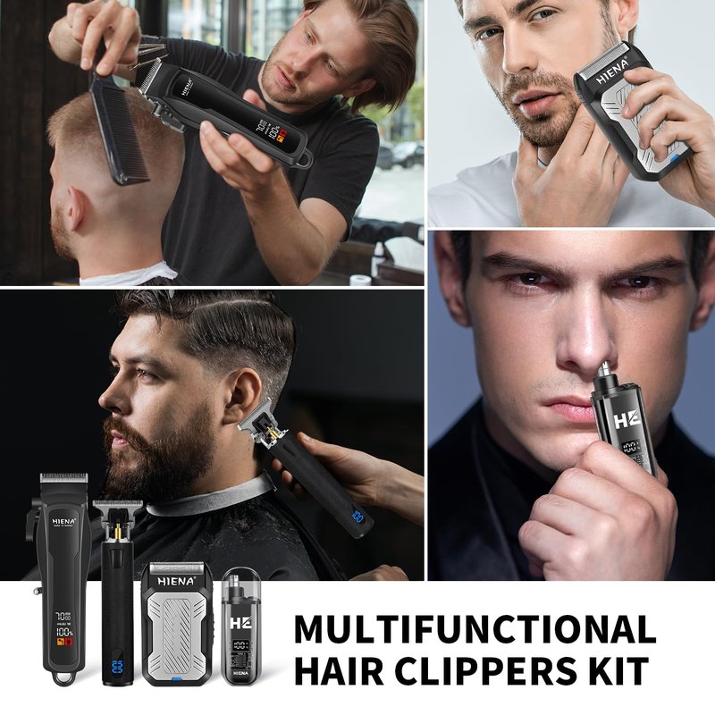 HIENA PRO Cordless Hair Clippers for Men, Professional Barber Kit - Beard Trimmer, Aluminum Foil Shaver, Nose Trimmer, 10 Limit Combs - Fast Charge, Smart LED Display (Clippers/Trimmer)
