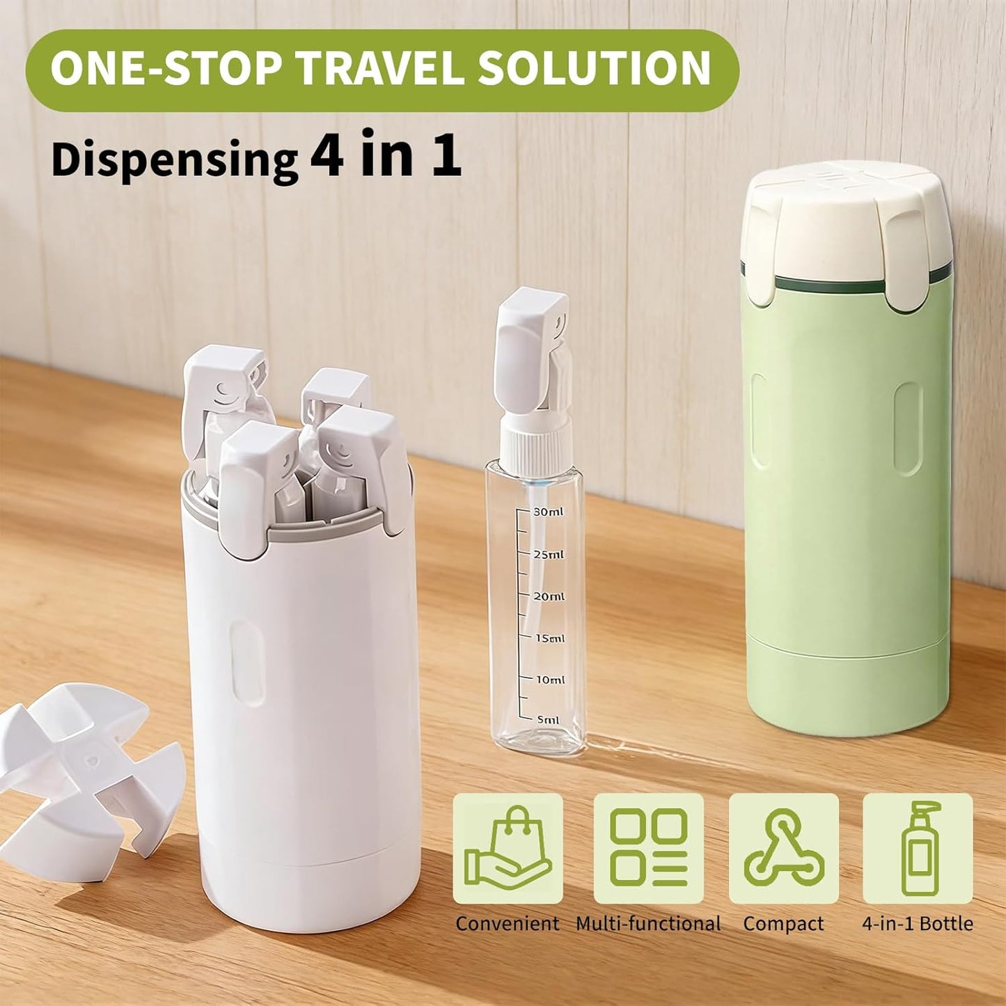 Travel Toiletries Bottle Set - 4 in 1 Refillable Dispenser for Shampoo, Lotion, Conditioner | Leak-Proof, Portable Containers (White & Green)