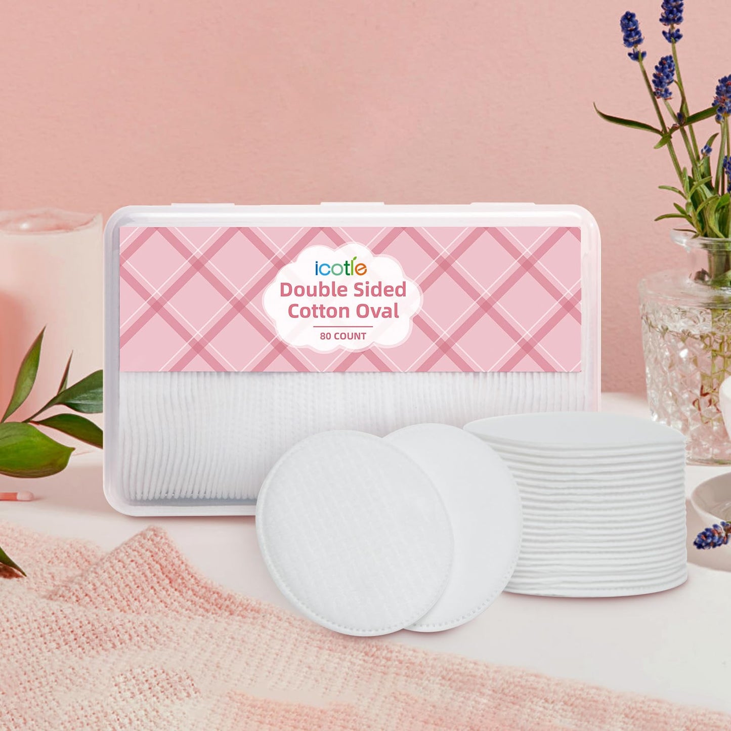 ICOTLE Large Oval Cotton Pads, 80 Count, Multi-Layer, Lint-Free, Dual-Sided, Ultra-Soft Cotton Oval Pads for Makeup Removal, Cleansing, and Toner Application