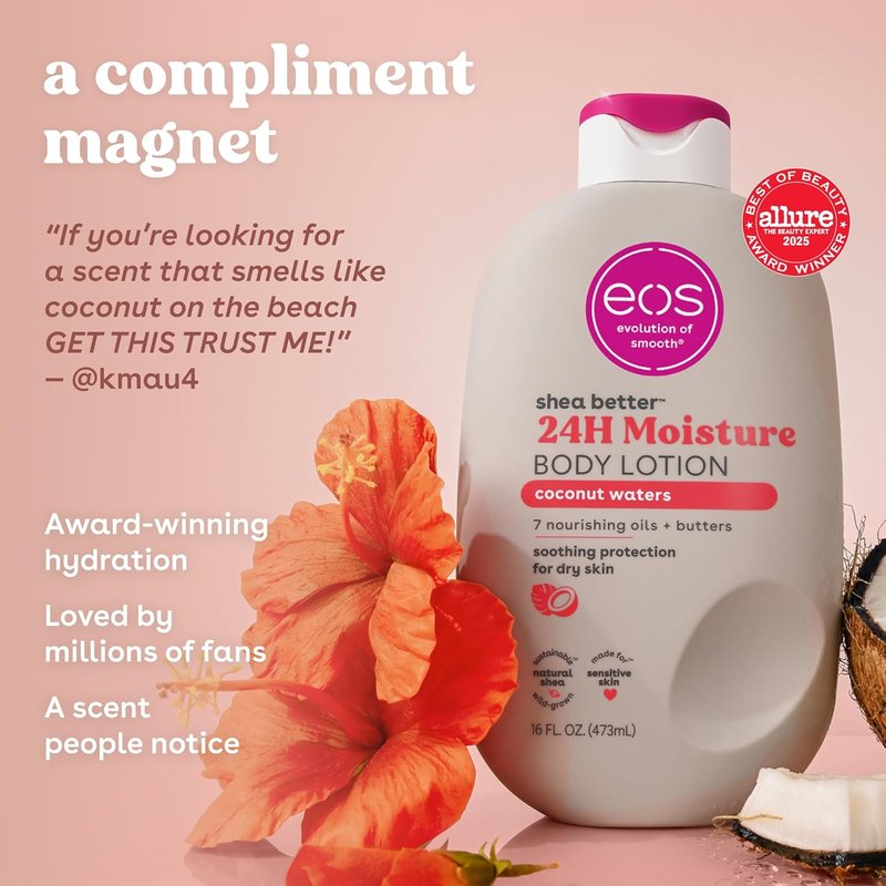 Eos Coconut Body Lotion - 24-Hour Moisture, Lightweight & Non-Greasy | 16 fl oz Vegan Shea Formula