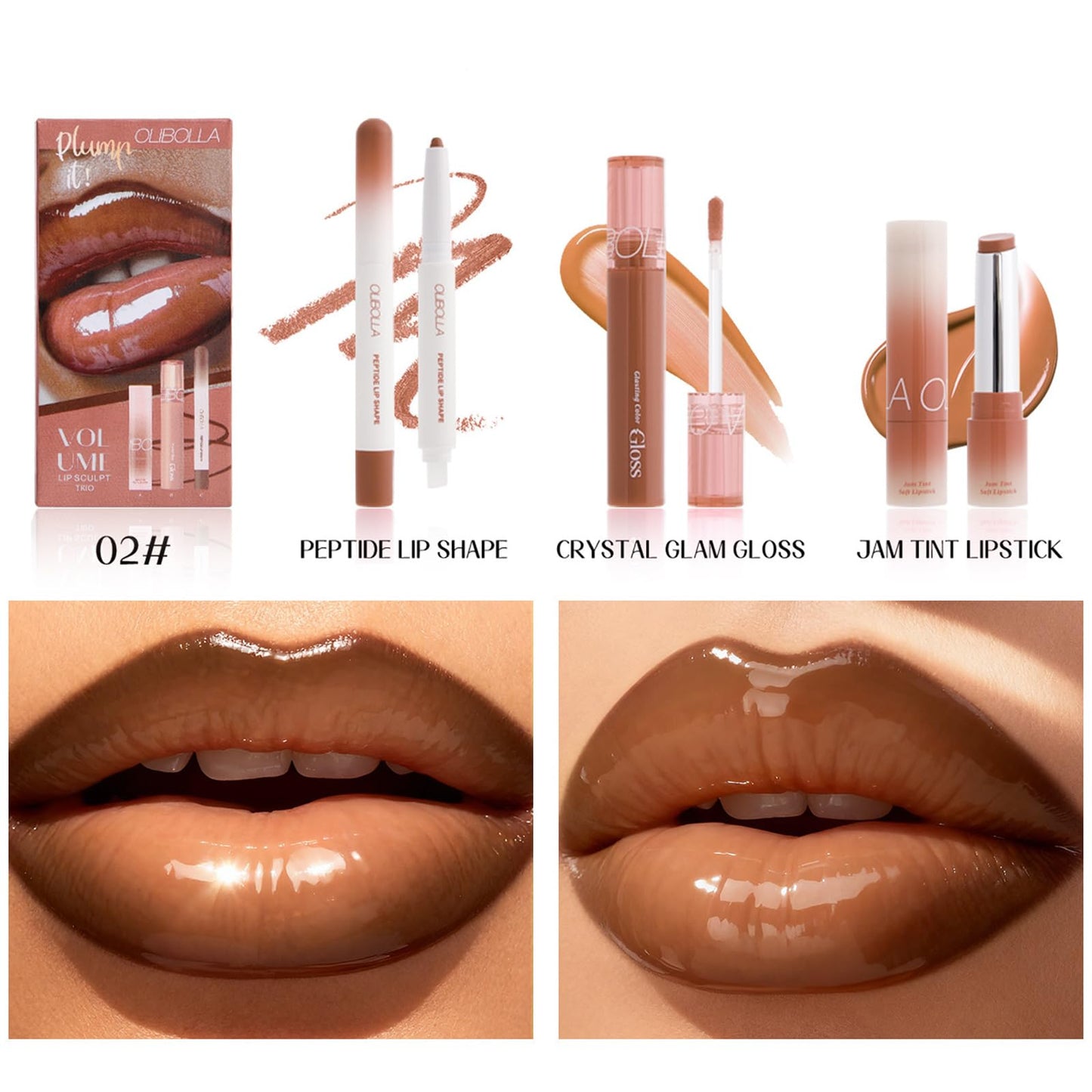 Domality 3PCS Lip Combo Set, Brown Matte Lip Liner, Plumping Tinted Lipgloss, Nourishing Lipstick Balm, Natural Glossy Finish, Lip Contour Makeup Kit for Women