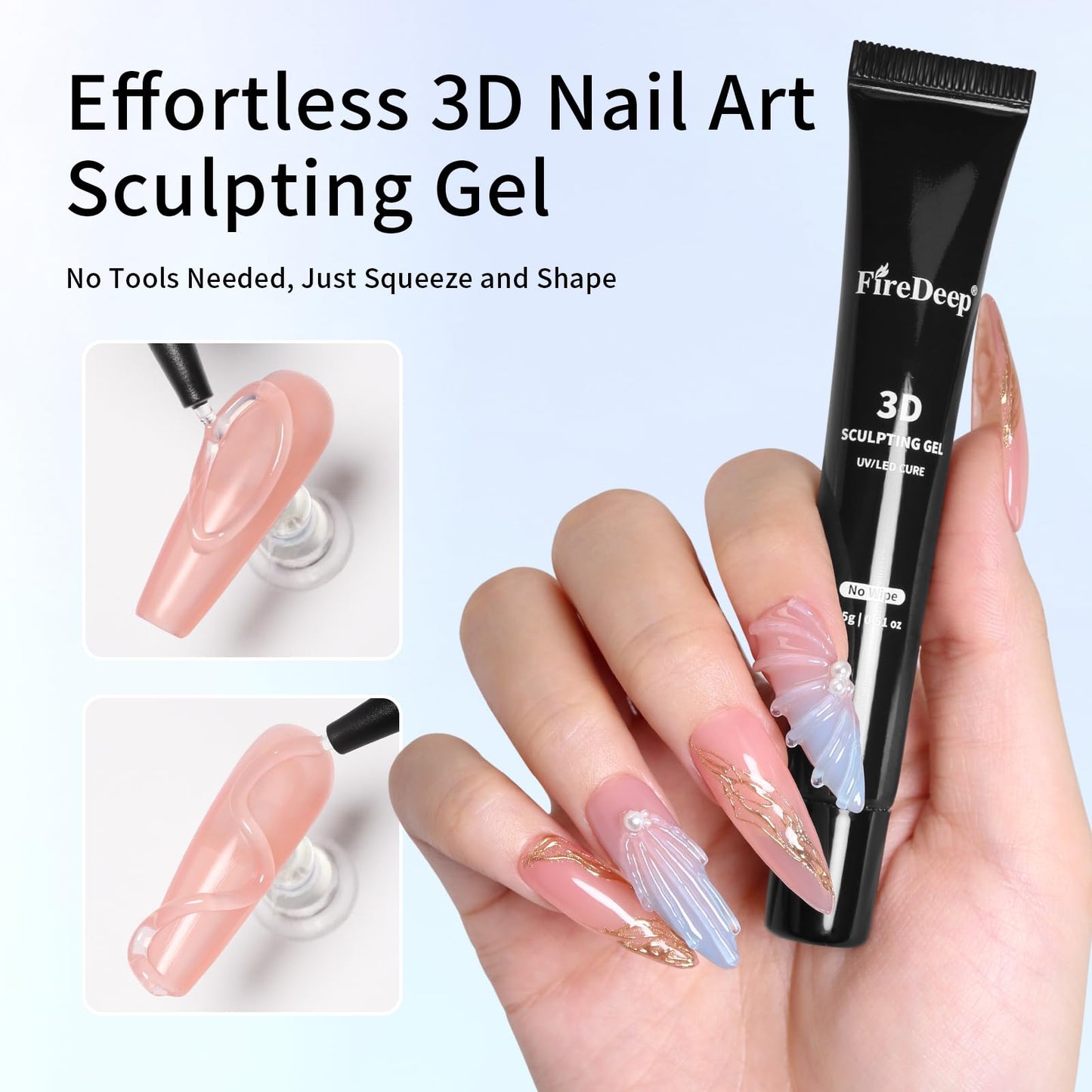 Firedeep 3D Sculpting Gel for Nail Art, Modeling Glue for Gems Decorations and Designs Clear No Wipe Gel Polish DIY Home Salon 15g