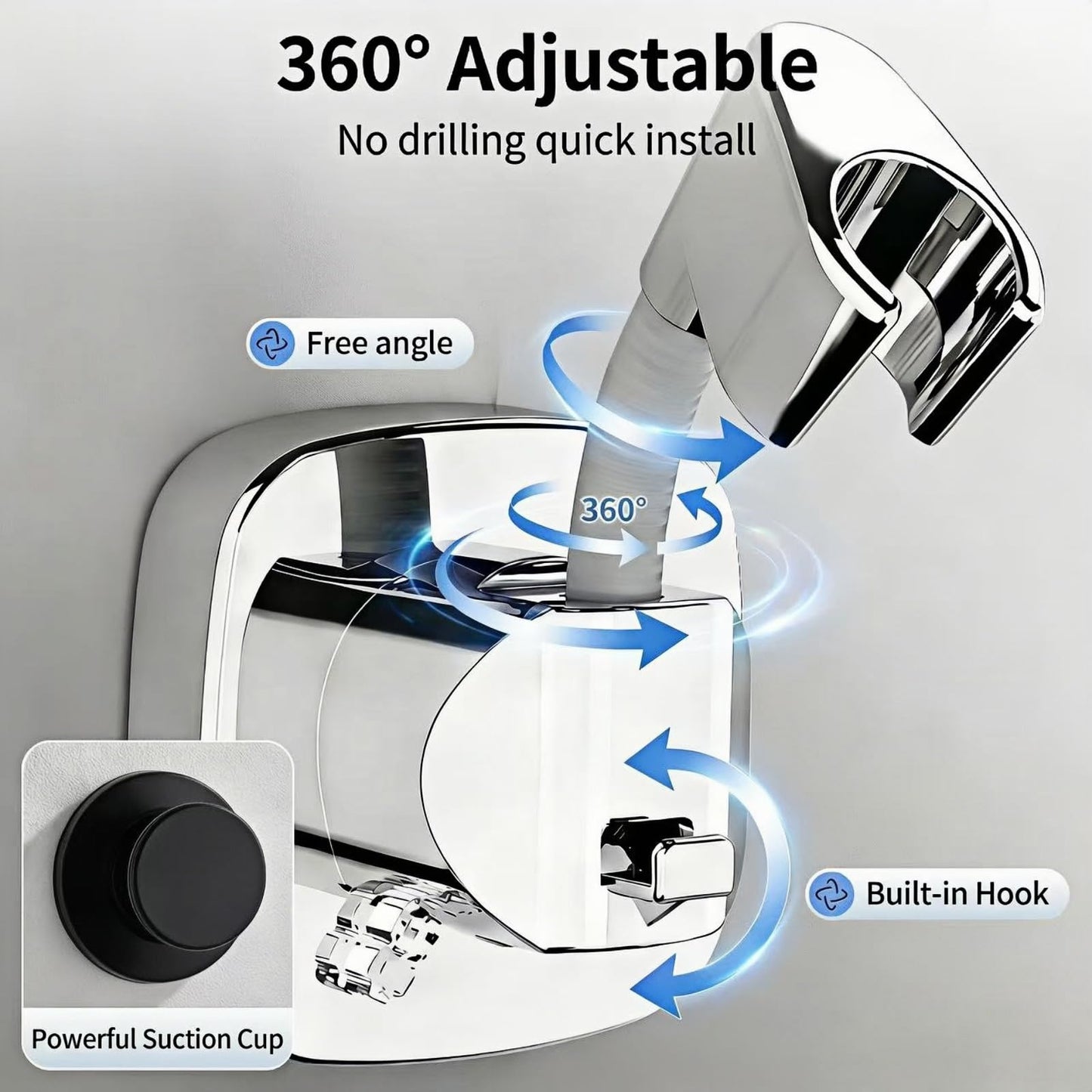 360° Swivel Shower Head Holder with Strong Removable Suction Cup | 10kg Load Capacity, Tool-Free Installation in Seconds Removable and Rustproof Shower Bracket with Chrome Polished for Bathroom