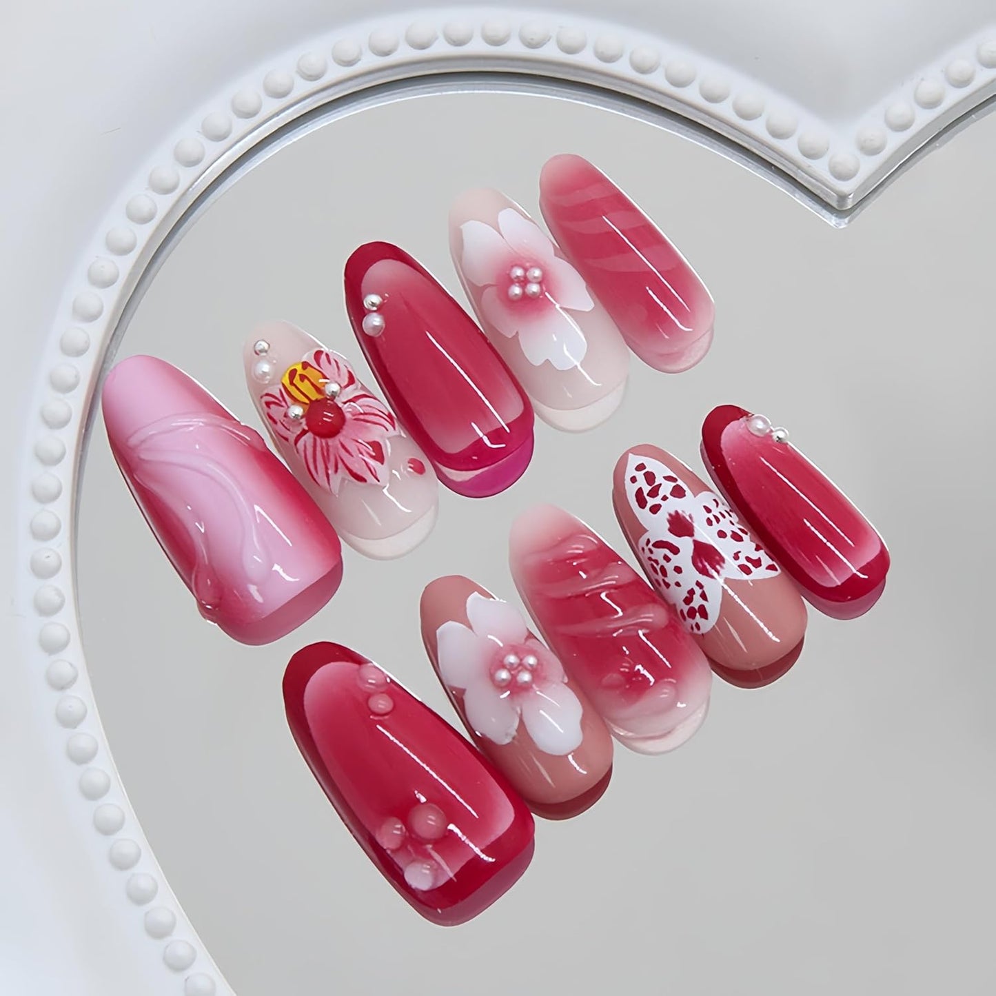 Almond Press-On Nails Set - 30Pcs 3D Pink Flower & Gold Beads | Reusable Floral Design for Beach Vacation