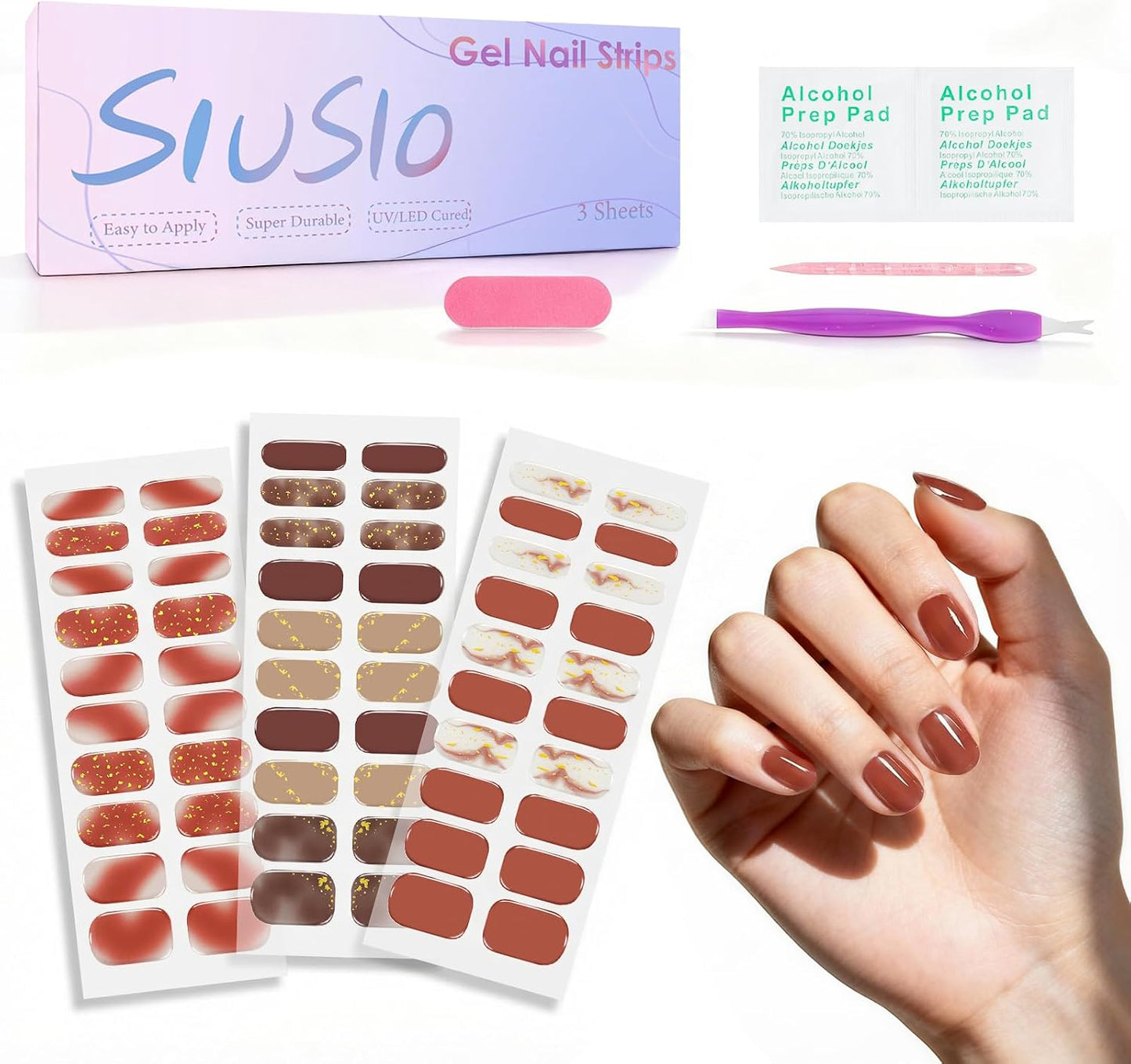 Burgundy Red Gel Nail Strips - 3pcs Semi-Cured UV Press-On Wraps with Gold Glitter | Easy Apply & Remove for DIY Nail Art