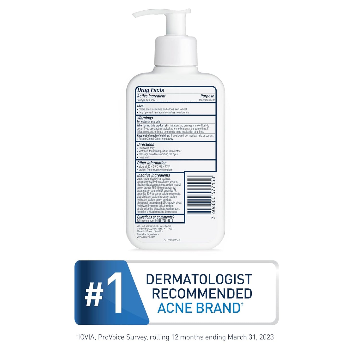CeraVe Acne Control Cleanser - 2% Salicylic Acid & Niacinamide | Gentle Face Wash for Clear Skin, 16 Ounce
