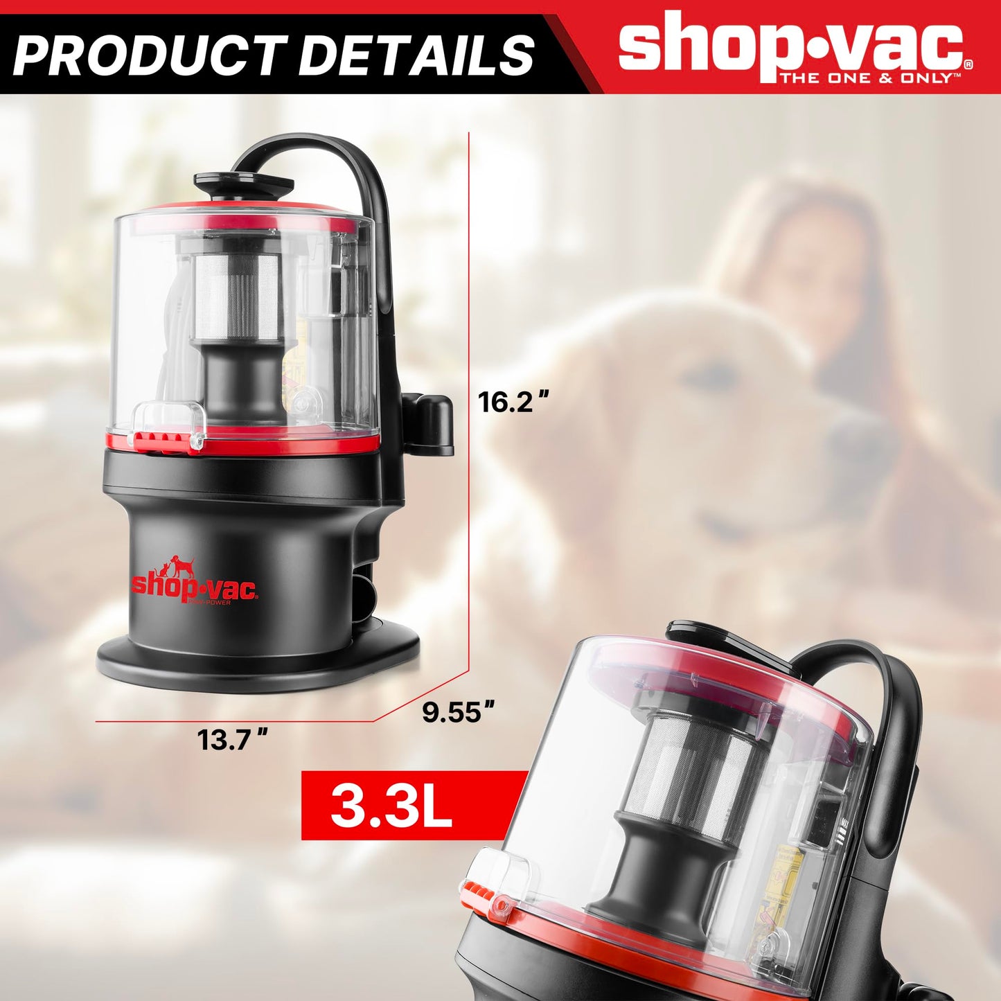Shop-Vac 4-in-1 Dog Grooming Vacuum, Pet Grooming Vacuum for Shedding, Pet Grooming Kit for Dogs & Cats, Low Noise, 10000Pa Suction with 15 Accessories, 3.3L Dust Cup for Home Shedding & Trimming