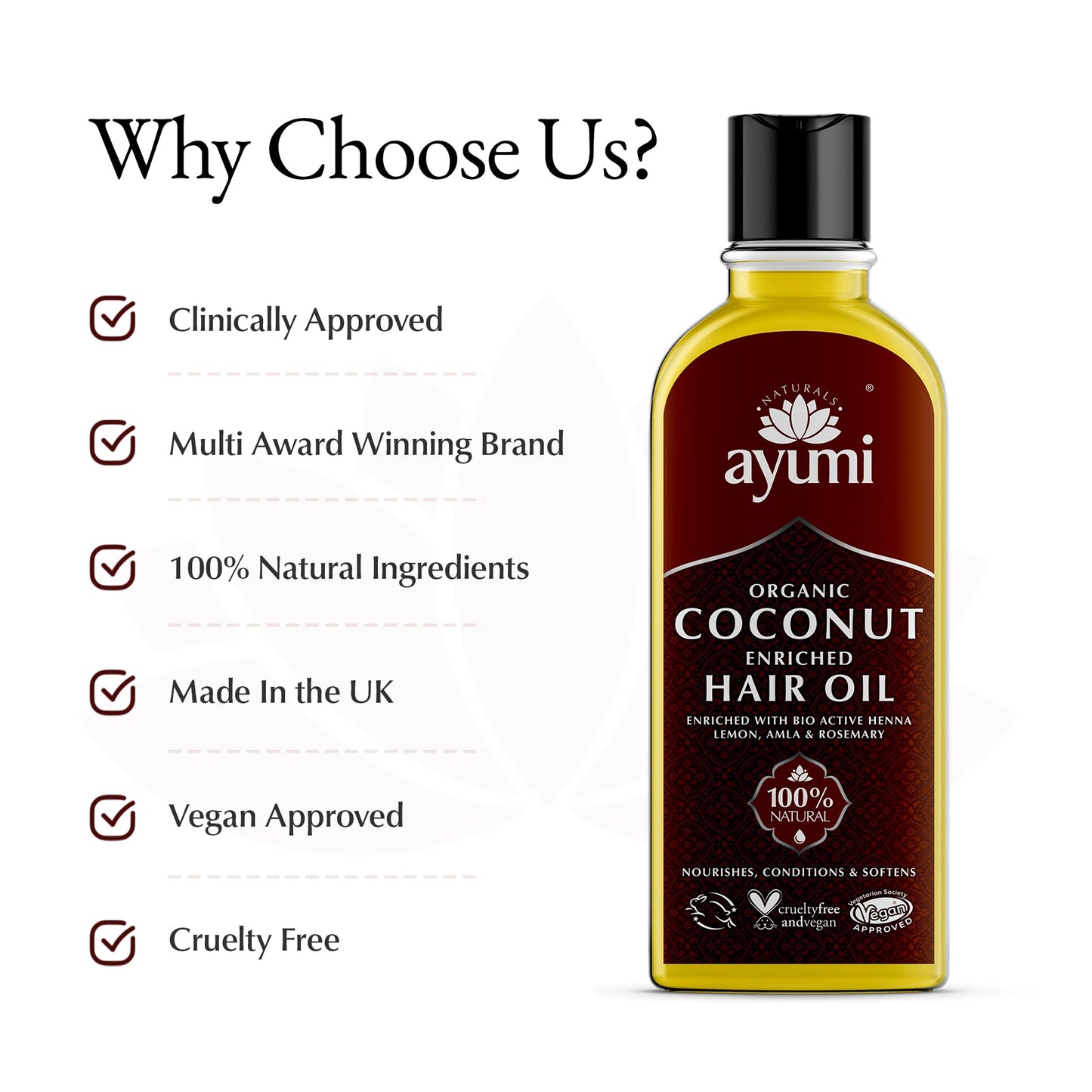 Ayumi Organic Coconut Enriched Hair Oil | Rosemary, Amla & Lemon | Enhanced With Nourishing & Strenghtening Extracts | Rich in Omega 6 For Circulation & Hair Growth | 5.1 Fl Oz