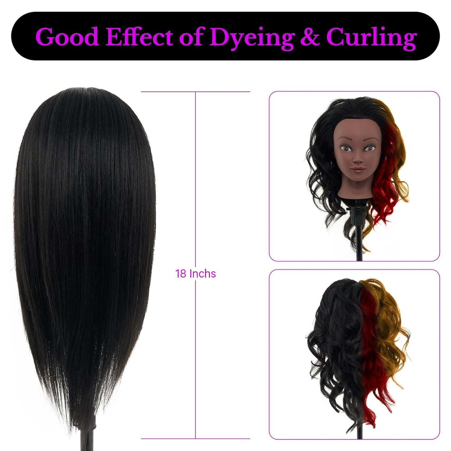 Real Hair Mannequin Head - 18" Human Hair Cosmetology Training Doll for Styling, Dying & Braiding | Black