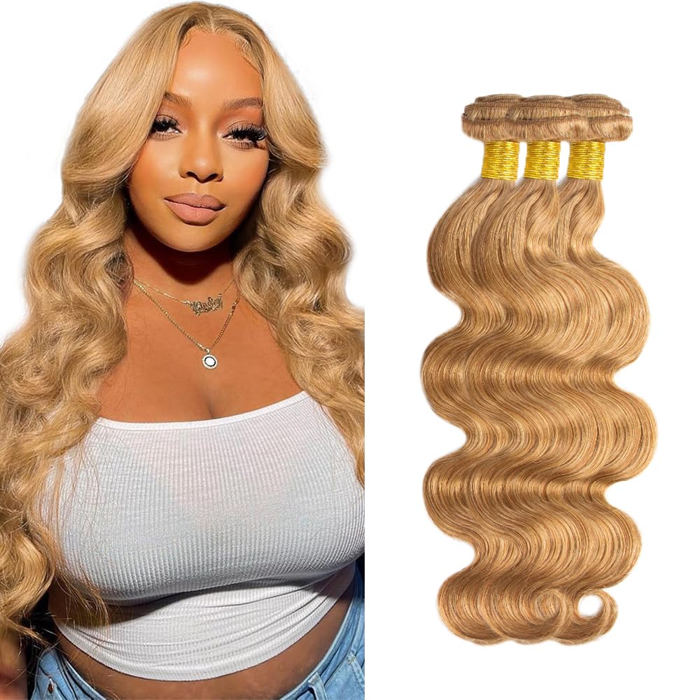 HeioWuio 26 28 30 Inch #27 Blonde Bundles Body Wave 3 Bundles Human Hair Brazilian Remy Hair 50 Grams/Bundle Unprocessed Virgin Hairs Honey Blonde Color Body Wave Bundle Weaves Extensions