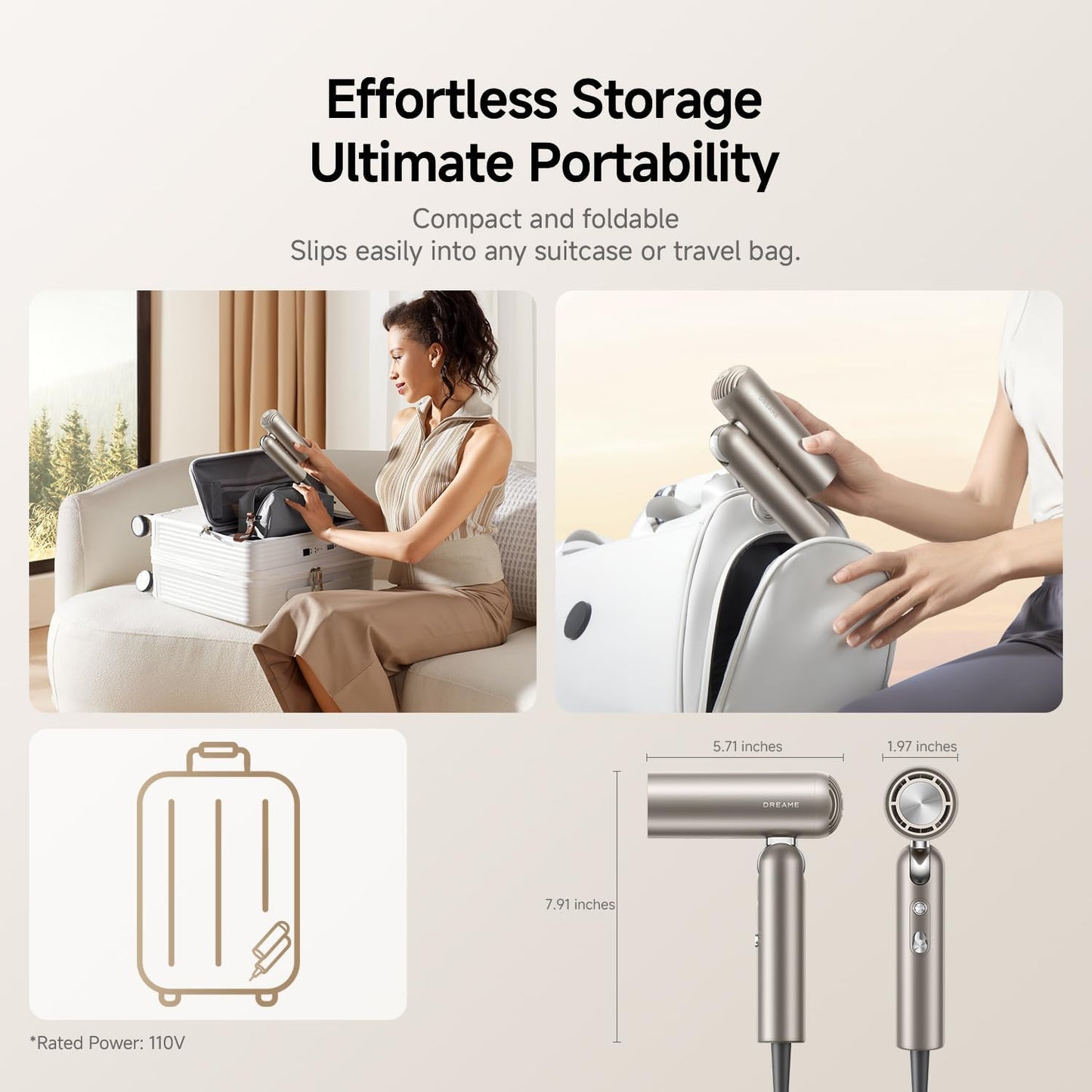 Dreame Pocket Hair Dryer - Portable Folding Blow Dryer with Diffuser | Fast Drying, Lightweight, Low Noise for Travel & Home