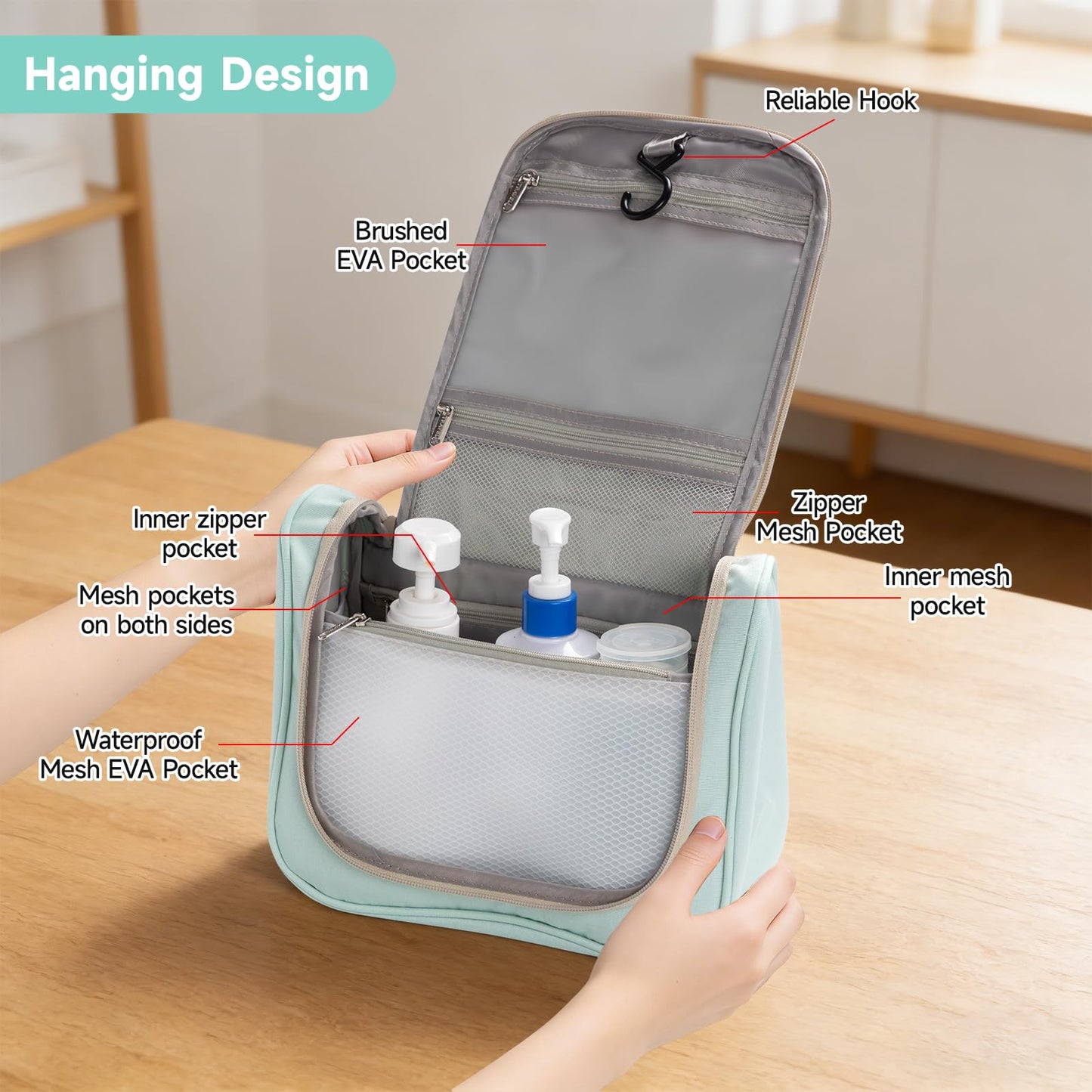 Posprica Hanging Toiletry Bag with Hook - Waterproof Travel Organizer with Multiple Compartments, Portable Cosmetic Makeup Bag for Women Men, Bathroom Gym Travel