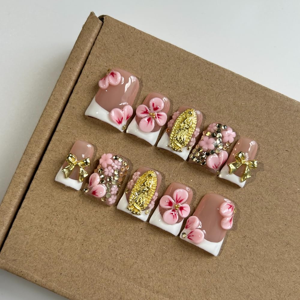 Press On Almond Nails - Handmade 3D Design, Thick Acrylic Gel | Reusable DIY Artificial Nails for Women (10 Pieces)