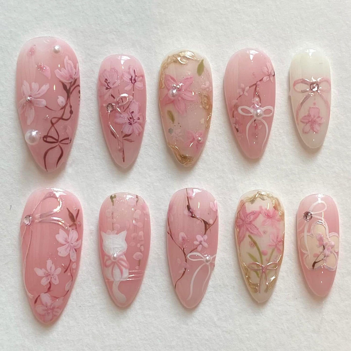Blue Flower Press-On Nails - Medium Almond French Tip with Bow Design | Glossy Full Cover for DIY Manicure