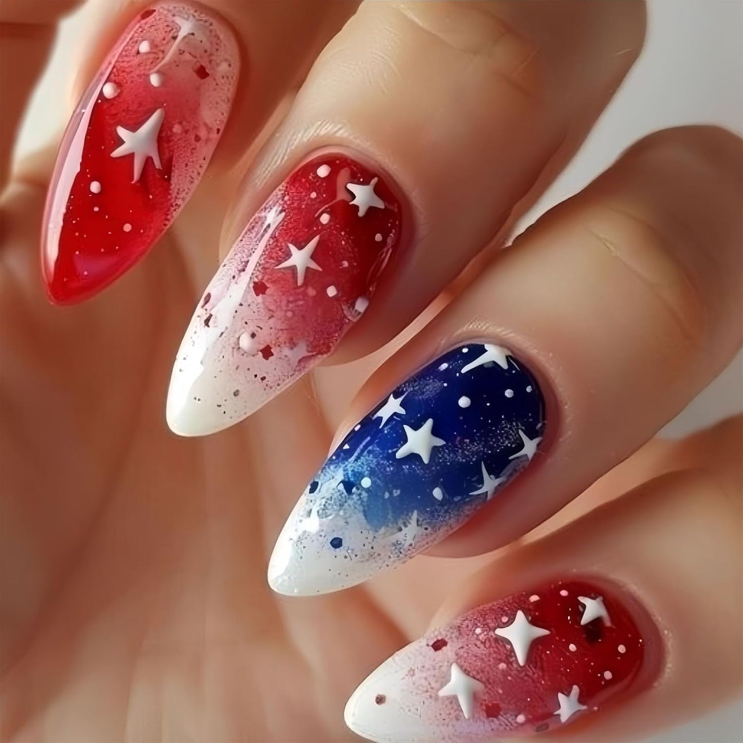 Press On Nails - Short Oval French Tip Design | Glossy Pink with Stars & American Flag - 24 Pcs