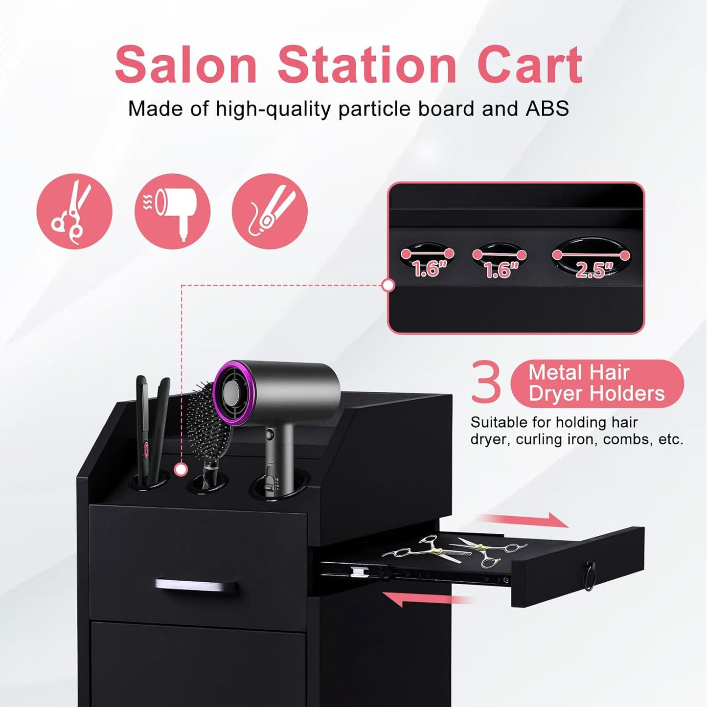 Hair Salon Storage Cart - Mobile Makeup Case with Wheels, 3 Hair Dryer Holders & 4 Drawers | Black Utility Trolley