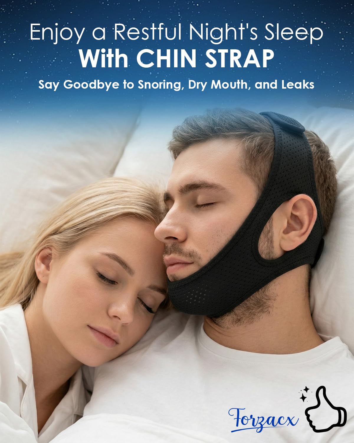 Forzacx Anti Snore Chin Strap - Breathable Chin Strap Snoring Solution, Effectively Reduce Snoring, Non-Stick Hair, Don't Fade - Black