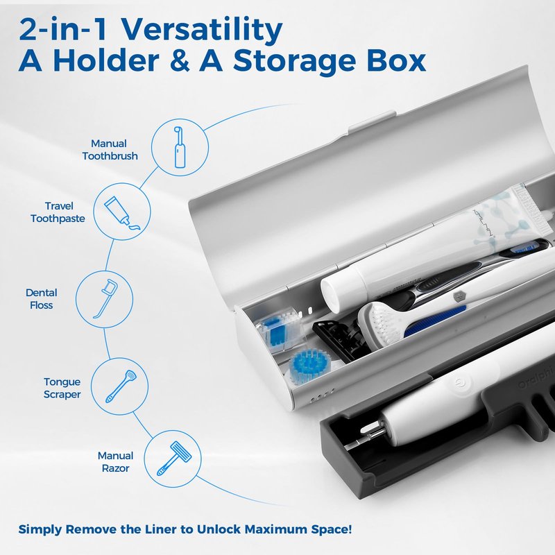 Oralphi Aluminum Electric Toothbrush Travel Case, 2 in 1 Travel Toothbrush Holder for Oral B/Oral-B Pro 1000 1500 5000 7000 and Most Electric Toothbrush for Traveling, Removable Silicone Liner-Silver
