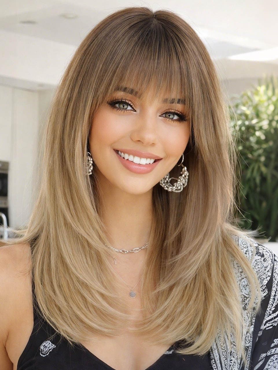 Ash Beige Blonde Wig with Highlights - Beginner Friendly Middle Length Straight Wig for Women | Natural Layered Bangs