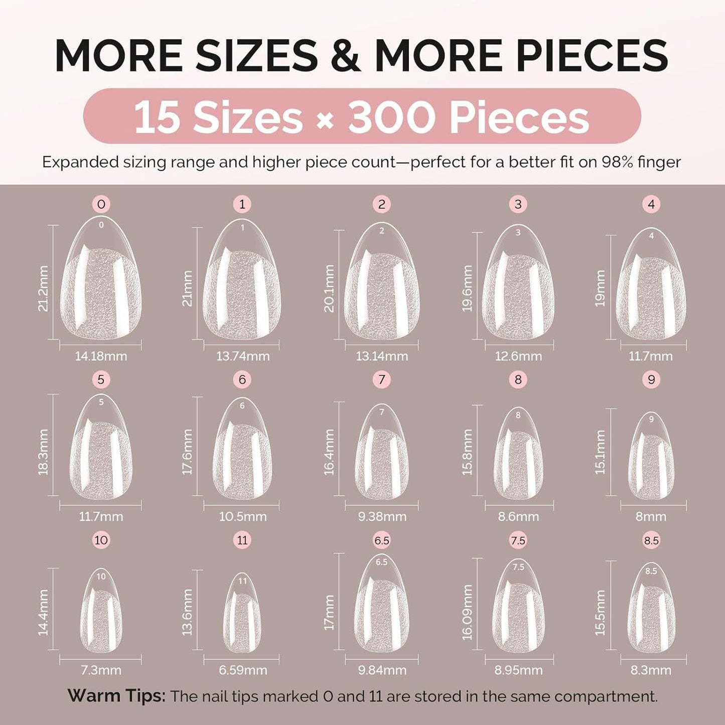 Short Almond X Nail Tips - 300 Pcs Clear Acrylic Half Matte Full Cover Press-On Nails for DIY & Salon Use | 15 Sizes