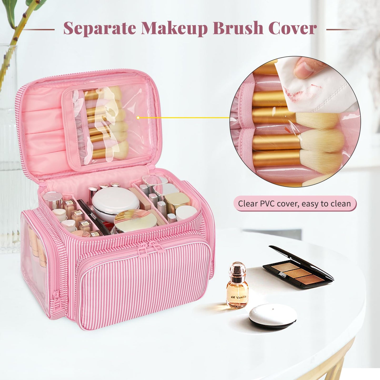 Large Makeup Bag, Portable Travel Makeup Bag Organizer for Women Girls with Makeup Brush Compartment & Two Side Pockets, Cosmetic Travel Bag Vertical Storage Toiletry Bag - Pink Stripe