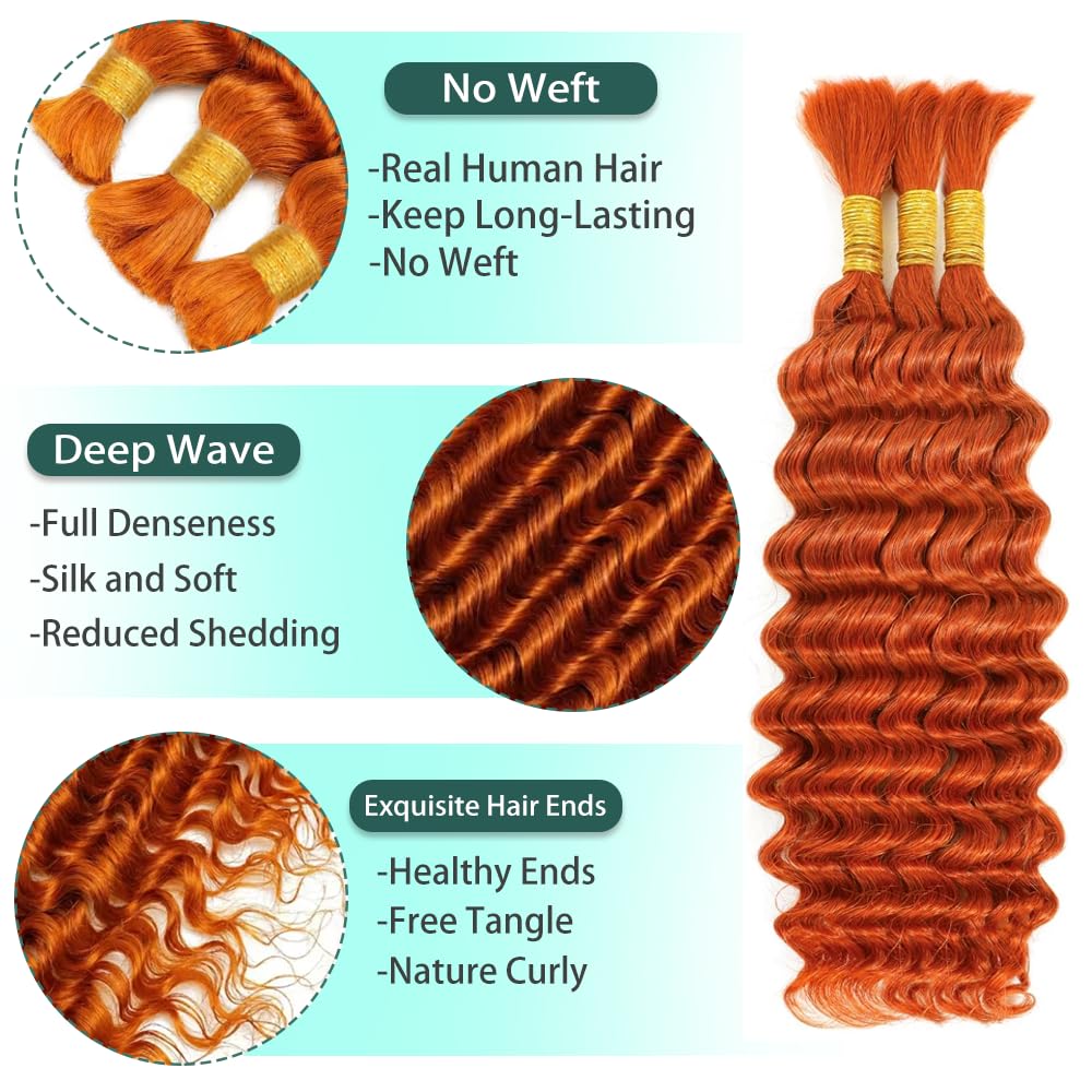 Ginger Boho Human Hair Deep Wave Boho Braids Ginger Orange Braiding Hair 14 14 inch Deep Wave Boho Braids 2 Bundles Orange Color 100g/Pack