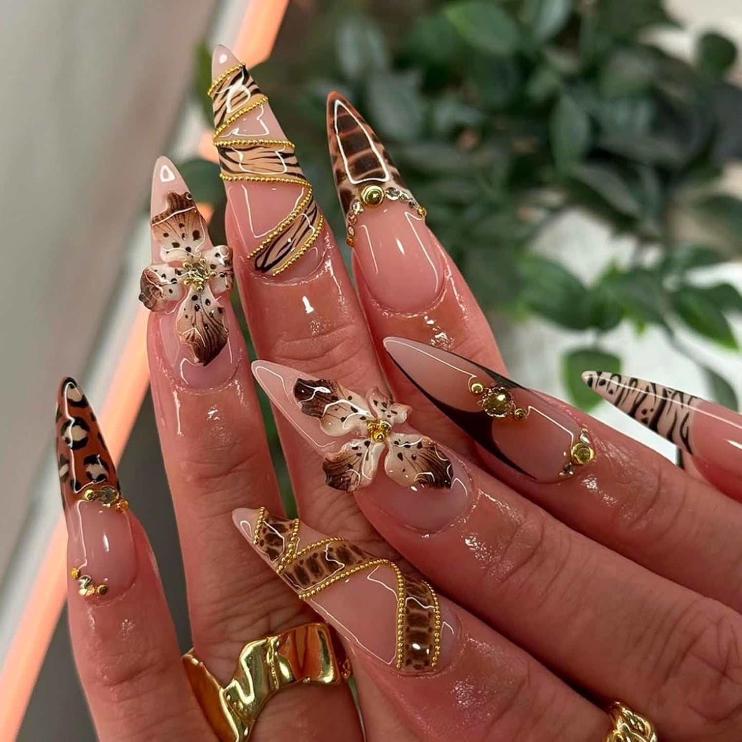 Almond Press-On Nails - Ombre French Tip with Butterfly Designs | 24 Pcs Set for Women