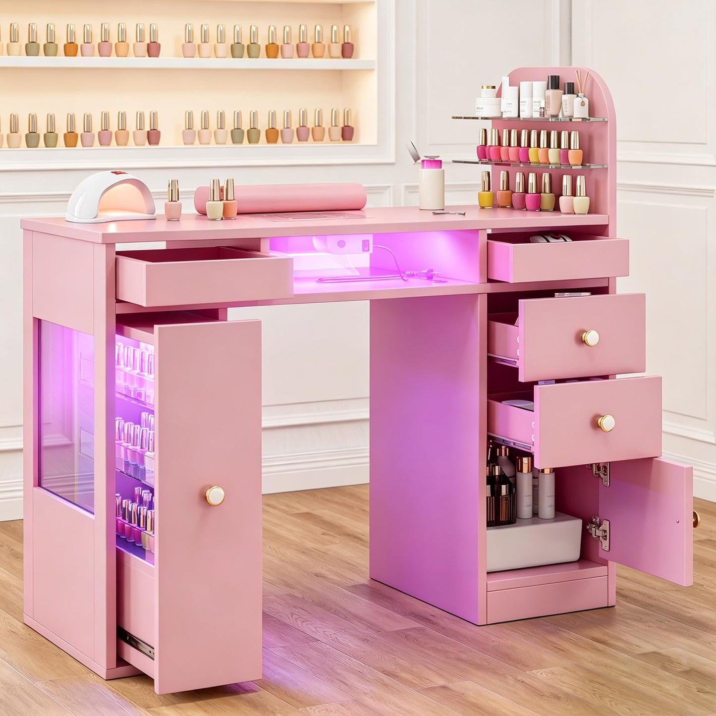 TTGIEET Manicure Table for Nail Tech w/LED Light Display Cabinet，Professional Nail Tech Desk with Storage Cabinet & Drawer, Dust Collector, Wrist Rest, Acetone-Resistant, for Beauty Salon, Spa & Home