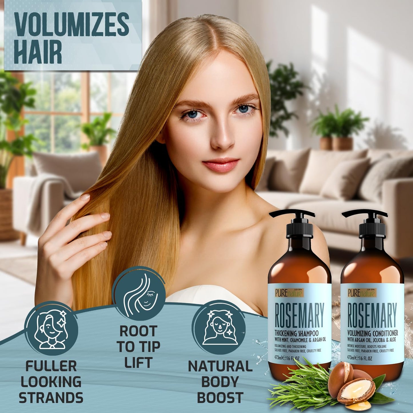 Rosemary Shampoo and Conditioner Set - Sulfate Free Formula with Mint - Volumizing Products and Thickening Care for Thinning Hair Women and Men - 16 Fl Oz (Set of 2)