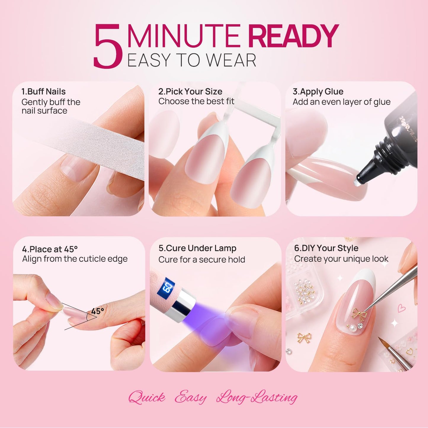 French Tip Short Almond Nail Tips - Pink Matte White Full Cover Press-On Nails | 15 Sizes for Salon & DIY Use