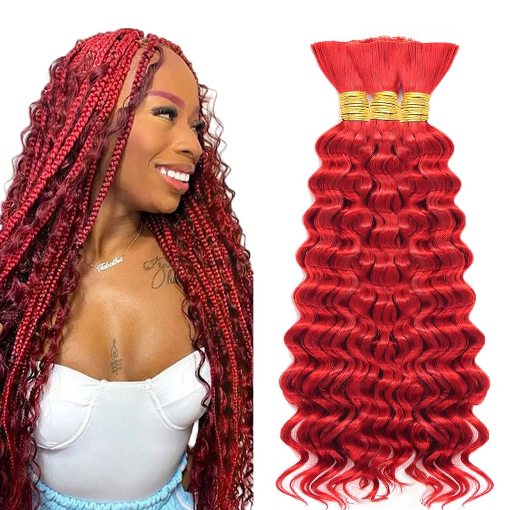 Red Human Braiding Hair for Boho Braids 150g 3 Bundles 12 12 12 Inch Wine Red Deep Wave Bulk Hair Burgundy Curly Human Hair Extensions for Braids Wet and Wavy Braid
