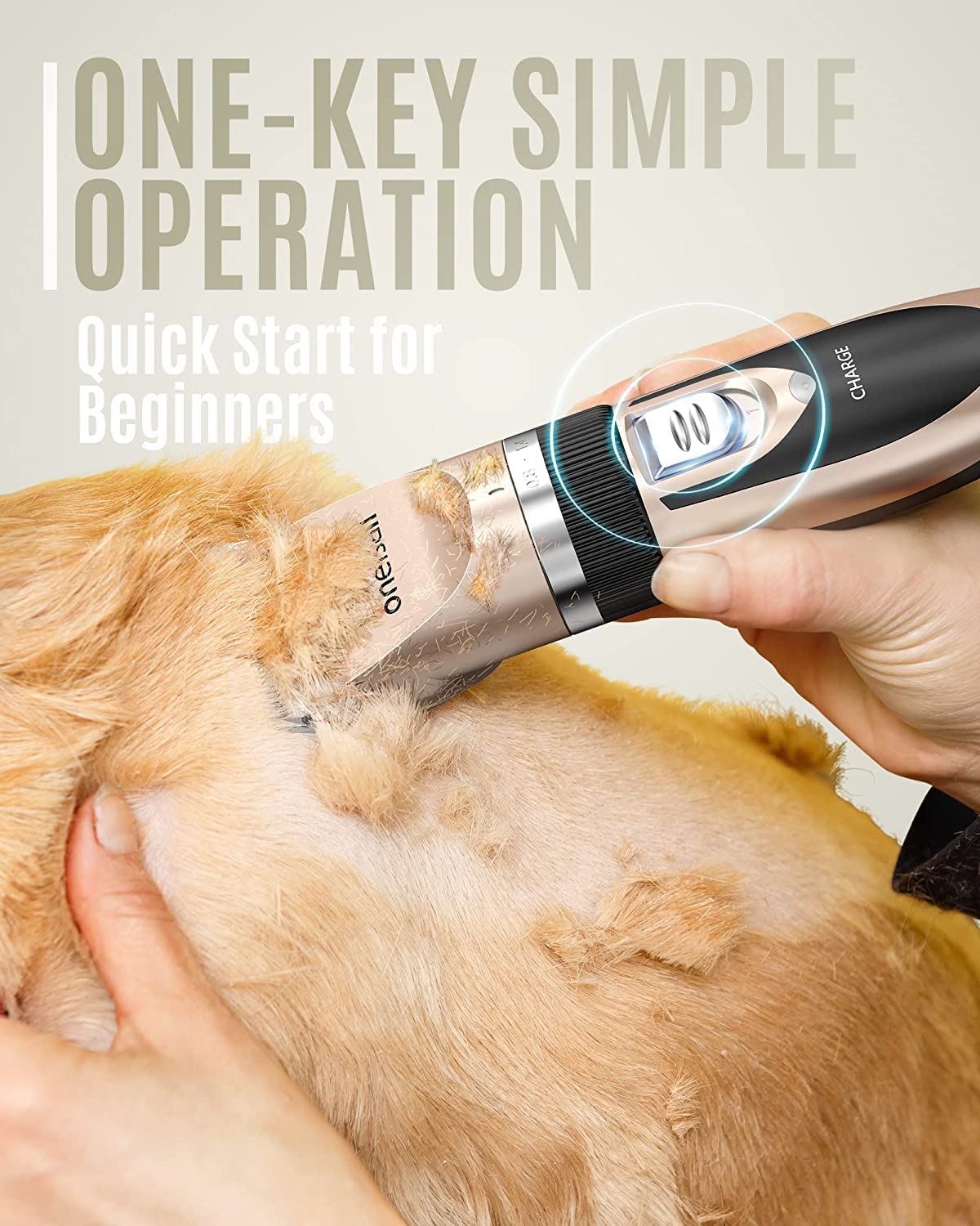 oneisall Dog Clippers Low Noise, Dog Grooming Kit with Rechargeable, Pet Shaver Cordless Electric Quiet Hair Clipper Set for Dogs Cats Pets（Gold）