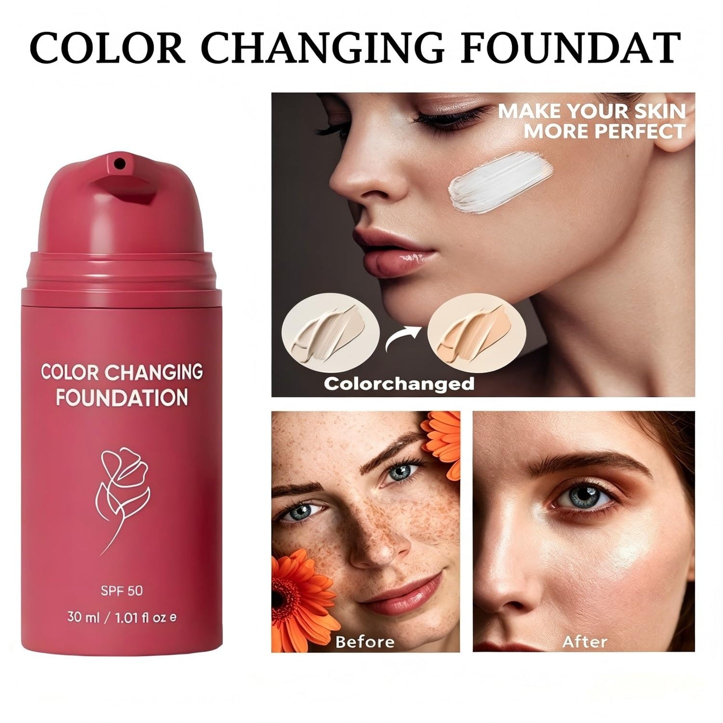 Korean Color Changing Foundation, Automatically Adjusts Liquid Foundation,Deep Hydration & Refines Pores, Medium to Full Coverage Cream for Mature Skin,1PC,30ML / 1.01 FL.OZ