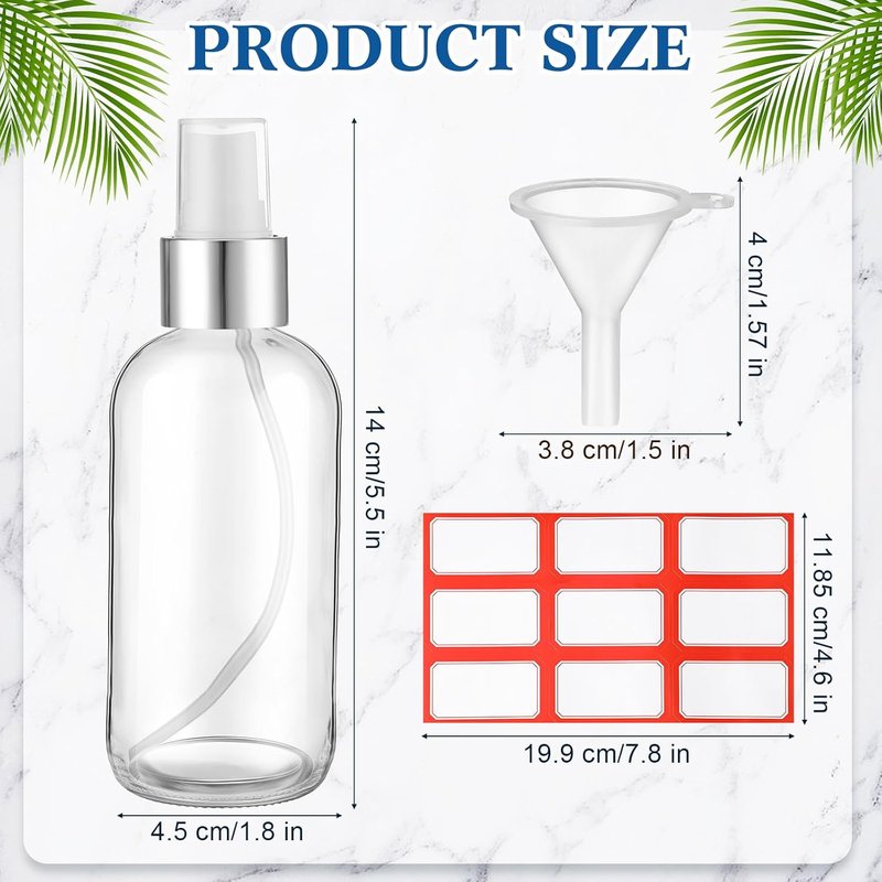 Fumete Glass Bottles 4oz - Refillable Liquid Containers for Essential Oils | Includes Label & Funnel, Clear with Silver Top
