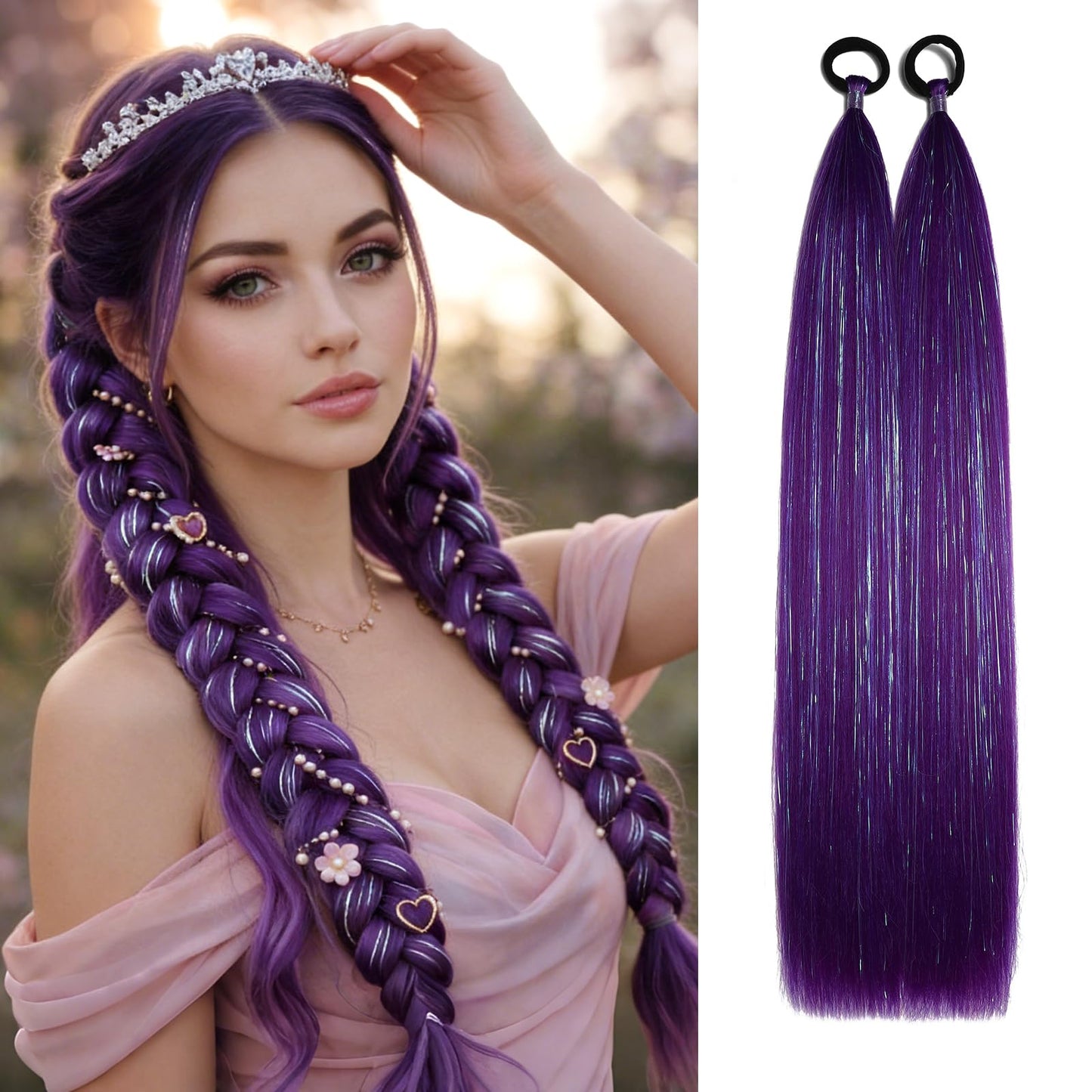 CenXRui Purple Hair Extensions with Tinsel, 26" Long Sparkly Ponytail Hair for Softball, Cheer & Spirit Week, Reusable Color Hair Extensions for Crazy Hair Day, 2 Pack (Purple)