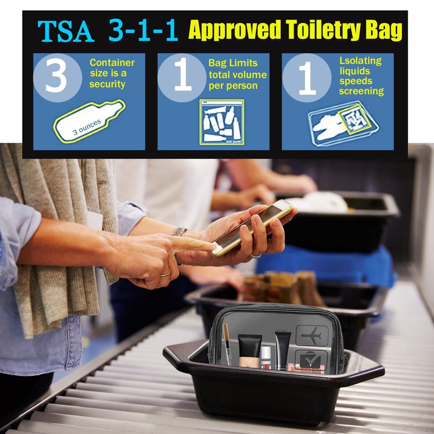 TSA Approved Clear Toiletry Bag Set - 3 Pcs Quart Size Travel Makeup & Cosmetic Organizer | Black