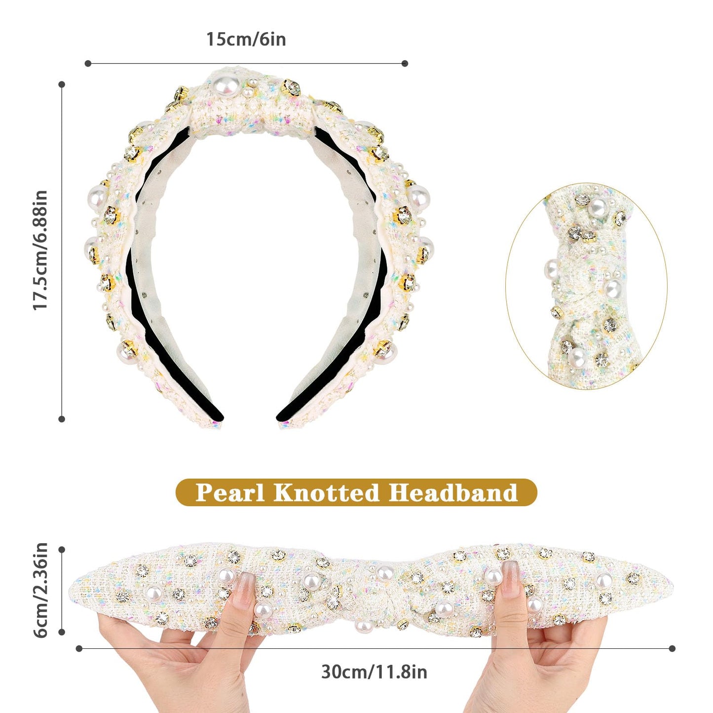 CURASA Knotted Headband For Women Girls White Pearl Rhinestone Checkered Head Band Non Slip Elegant Wide Hairband Top Knot Trendy Bride Headpiece Crystal Beaded Jeweled Embellished Hair Accessories