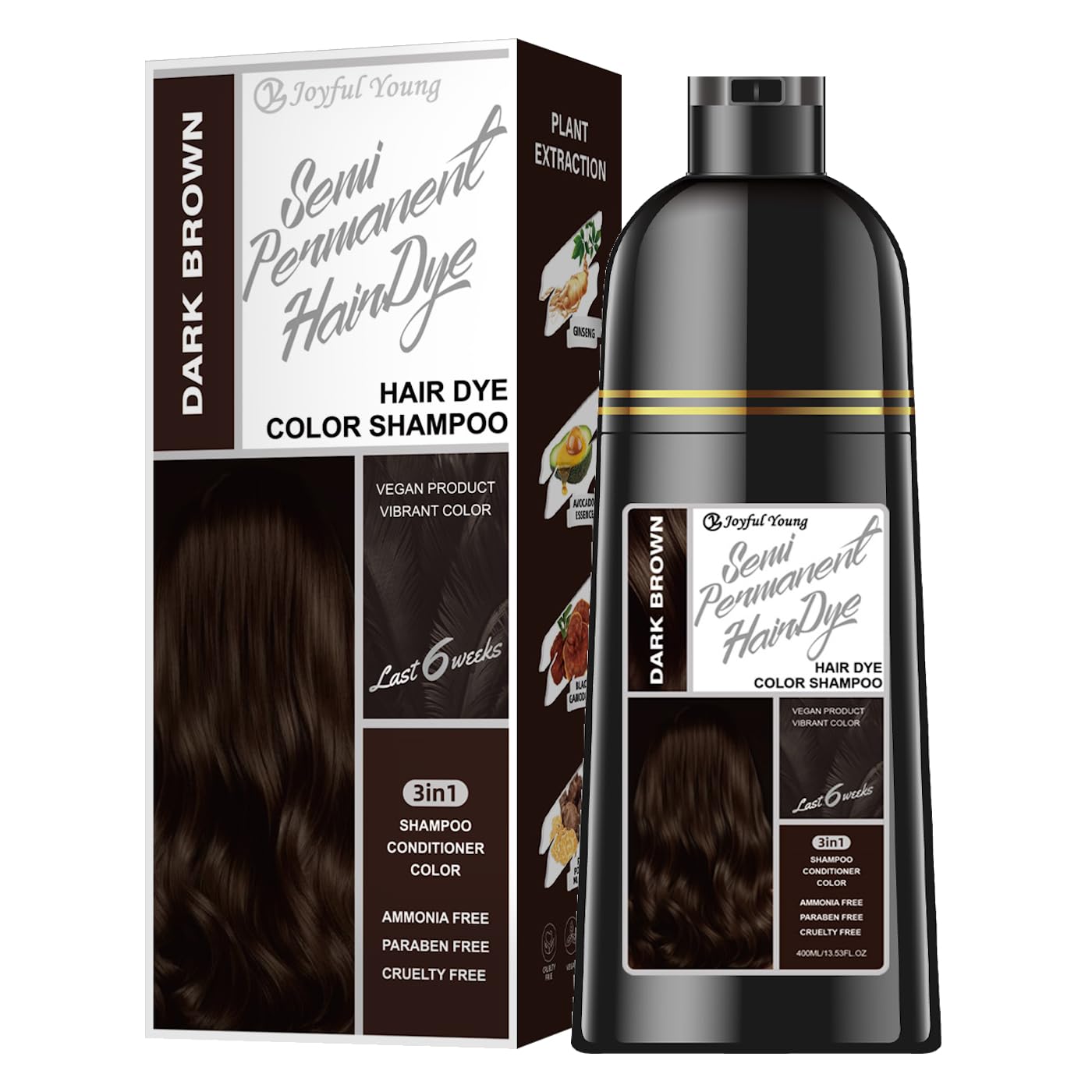 Joyful Young Hair Dye Shampoo - 3-in-1 Ash Brown Semi-Permanent Color Depositing Shampoo for Gray Hair | Vegan & Ammonia-Free