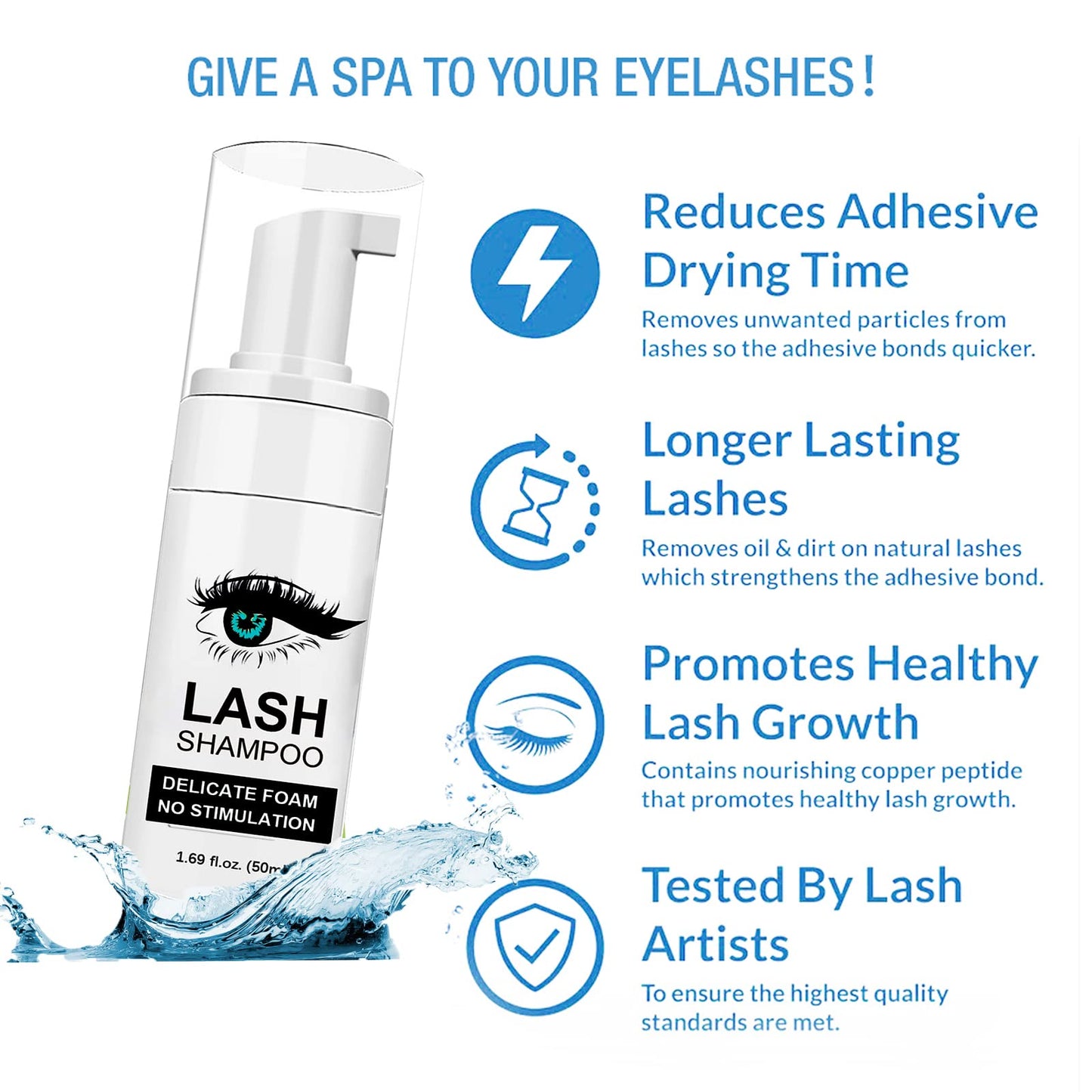 Shmian Lash Shampoo for Lash Extensions, Lash Fan 50ml Eyelash Foam cleanser with 50 Pcs Eyelash Brush and Rinse Bottle Oil Free/Sulfate Free Eyelash Wash Remover, Purple