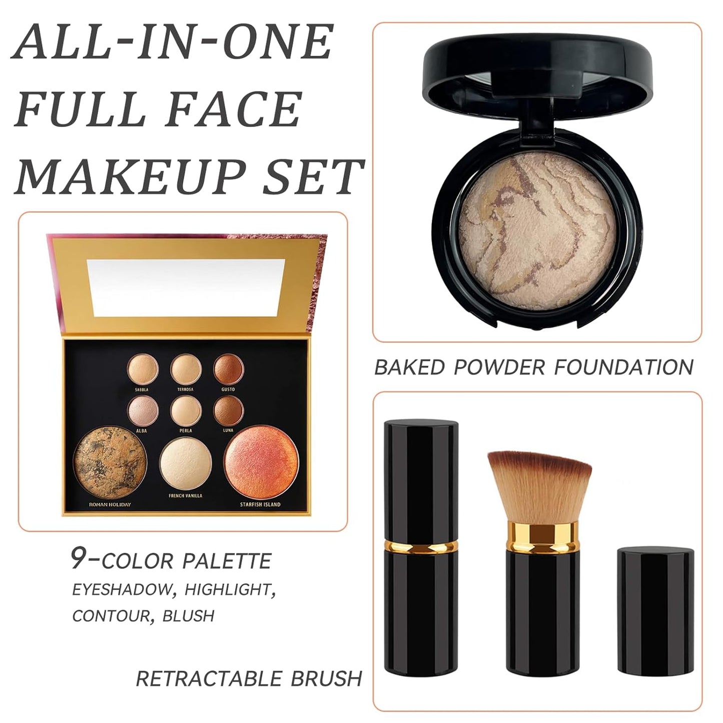 K'APEINE Baked Makeup Kit - 9-Color Shimmer Eyeshadow & Bronzer Palette | Long-Lasting Travel Makeup Set
