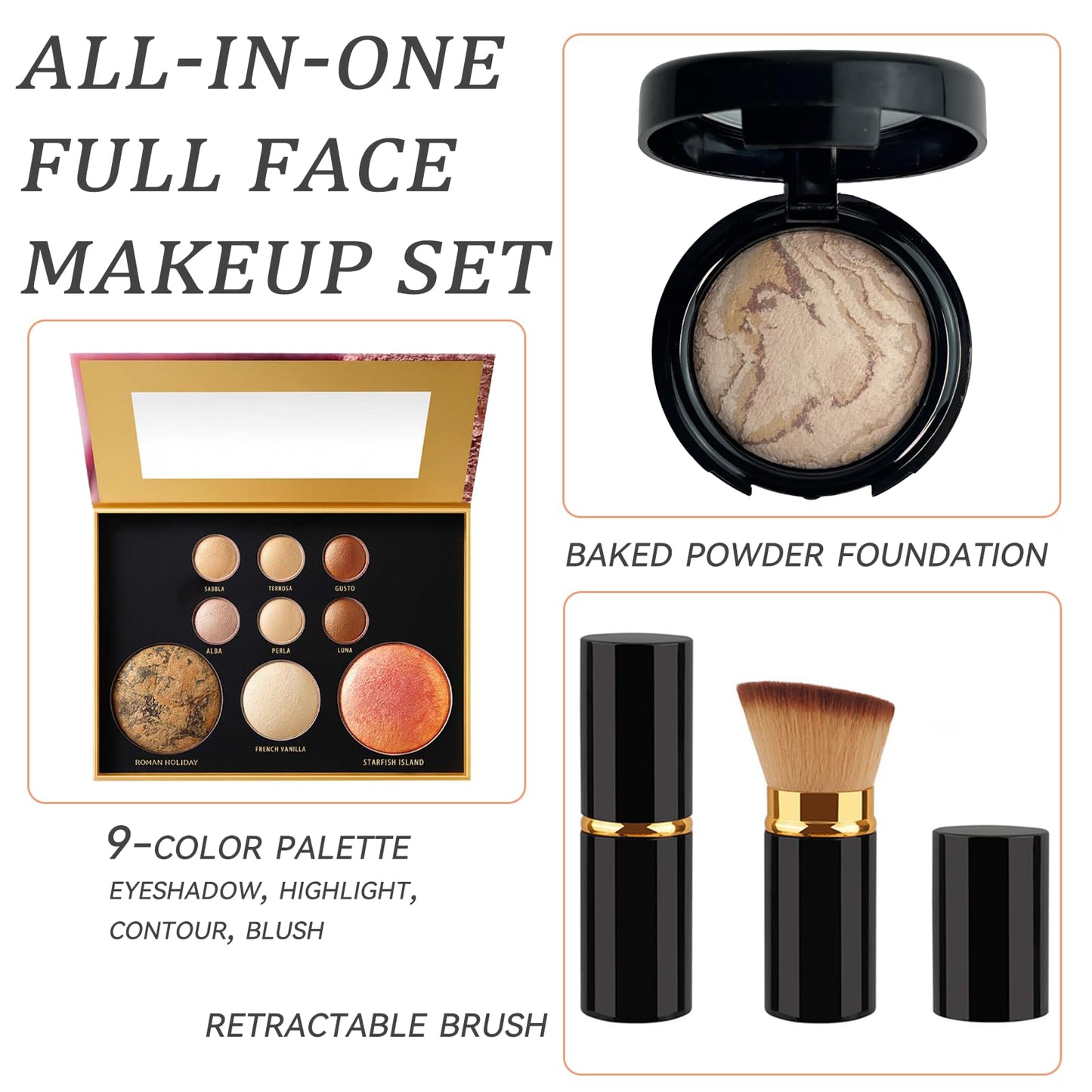 K'APEINE Baked Makeup Kit for Women - 9Colors Shimmer Eyeshadow Bronzer Blush Palette, Baked Pressed Powder Foundation & Retractable Blush Brush, Long-Lasting & Pigmented Travel Makeup Set-01