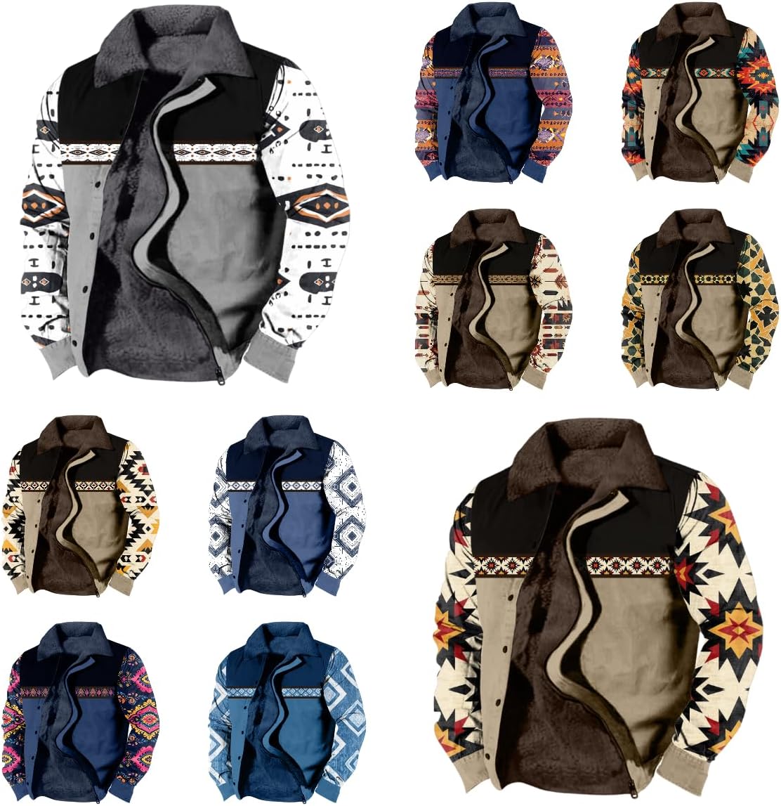 Aztec Cowboy Western Jackets for Men - Long Sleeve Sherpa Fleece | Retro Ethnic Print Warm Coats