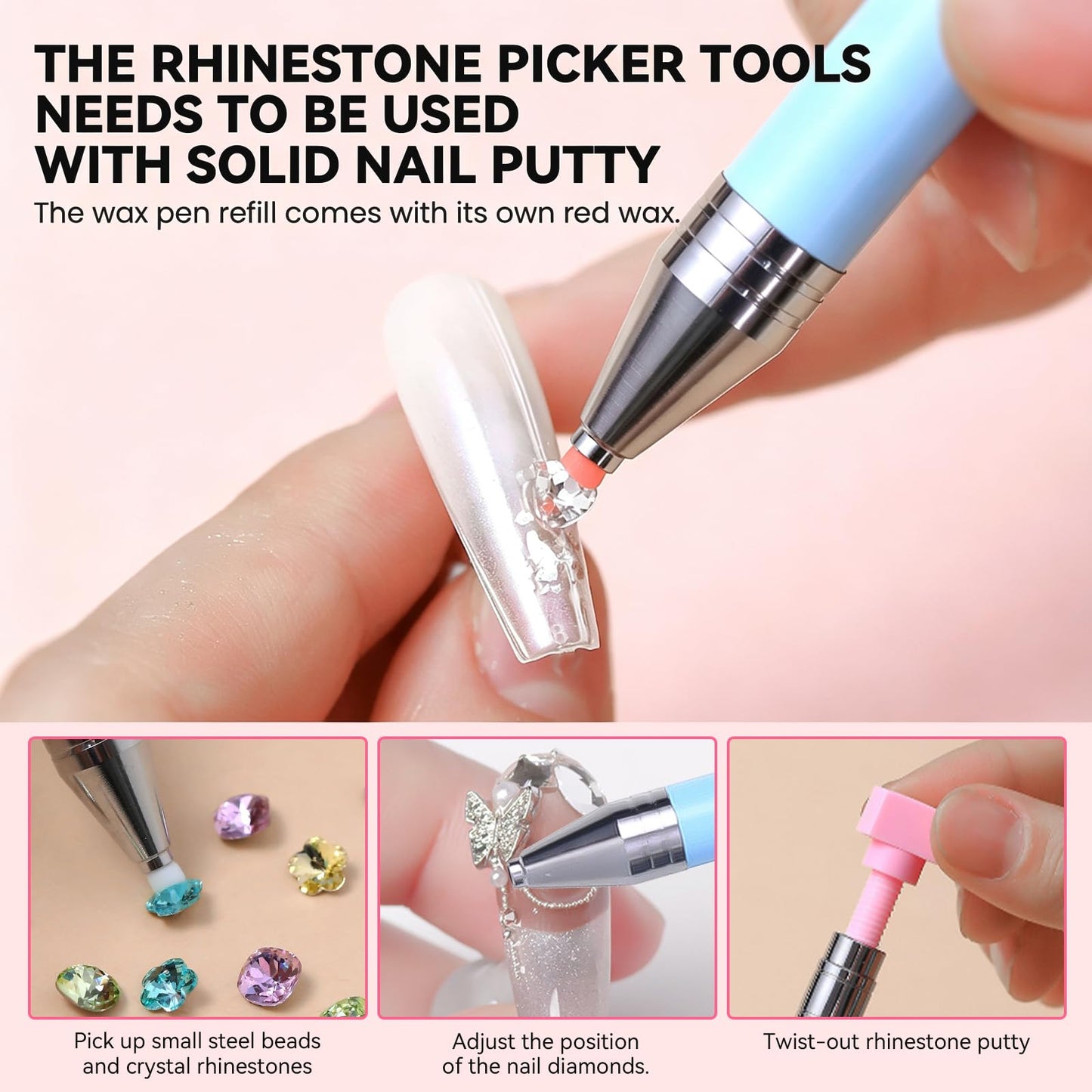 ESUOHYM 9 PCS Rhinestone Picker Tool Set, Refillable Wax Pencil for Rhinestones Bedazzling Pen Gems Picker Up Tools Diamond Art Tray Tweezers With Silicone Press Heads, Nail Art Tools for Diy Design