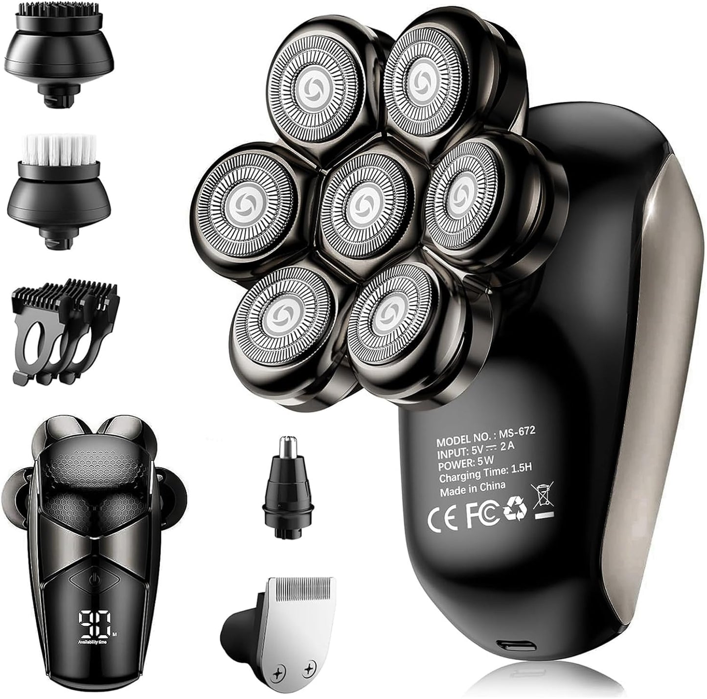 5-in-1 Electric Head Shaver for Bald Men - IPX7 Waterproof Grooming Kit | 7D Floating Blades, Detachable Magnetic Head