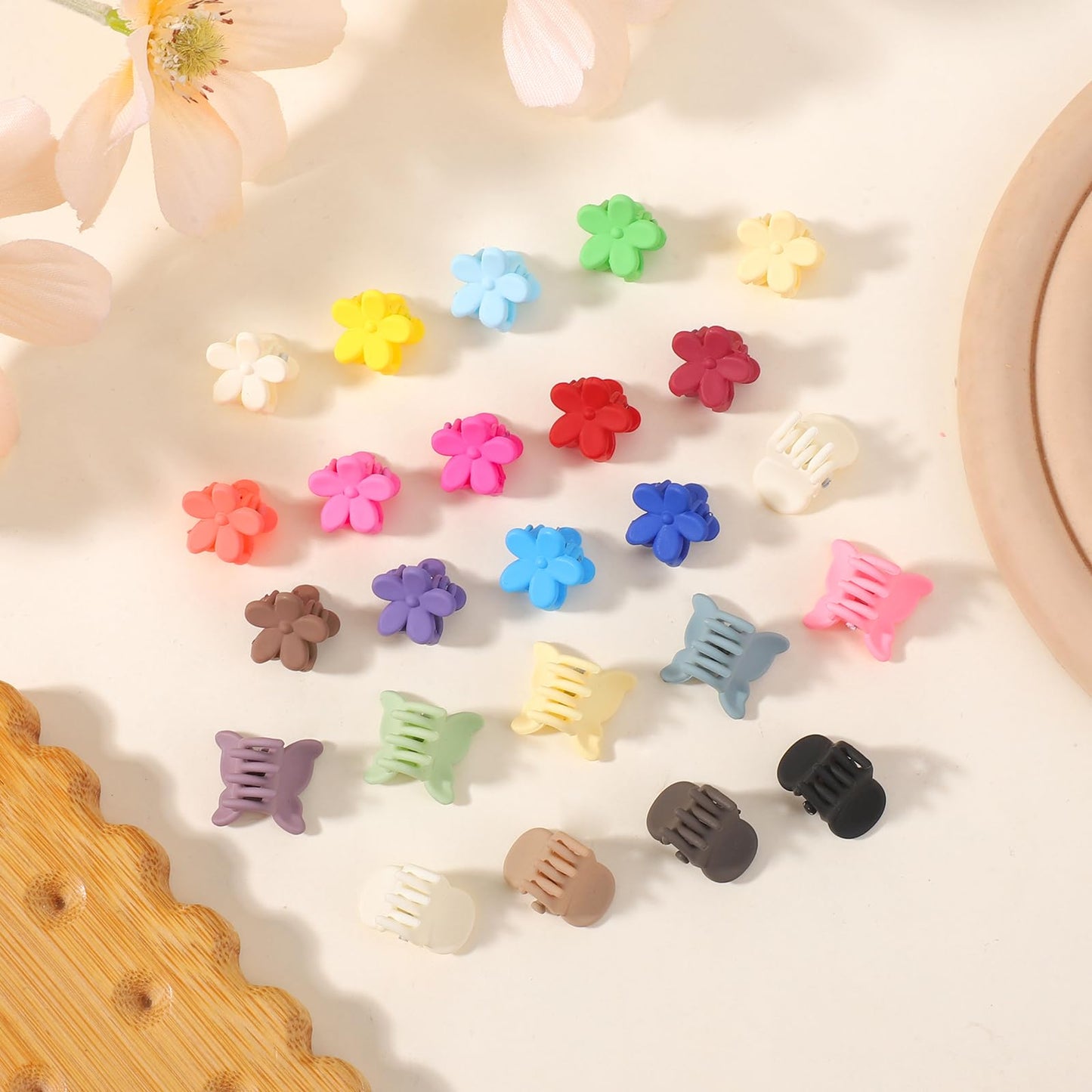 choicbaby 128pcs Baby Girls Hair Clips 3 Styles Mini Claw Clips Small Flower Butterfly Claw Jaw Hair Clips Hair Barrettes Accessories for Women Girls Kids Teens with Organizer Box